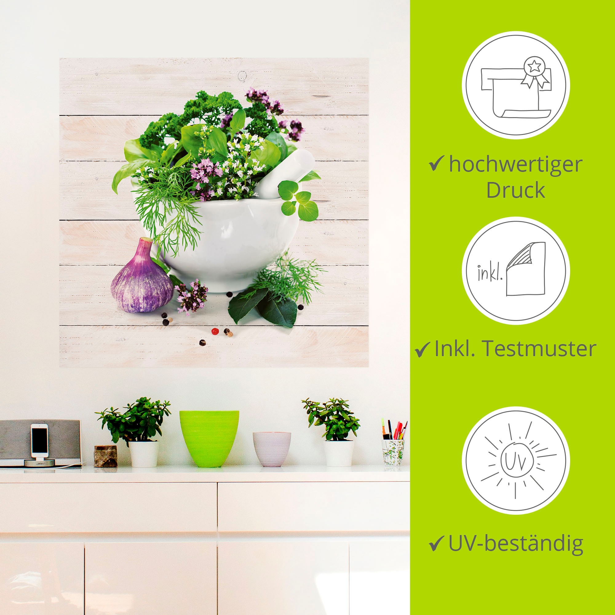 Artland Wandbild »Heilkräuter auf weißem Hintergrund Küche«, Arrangements, (1 St.), als Alubild, Outdoorbild, Leinwandbild, Poster, Wandaufkleber