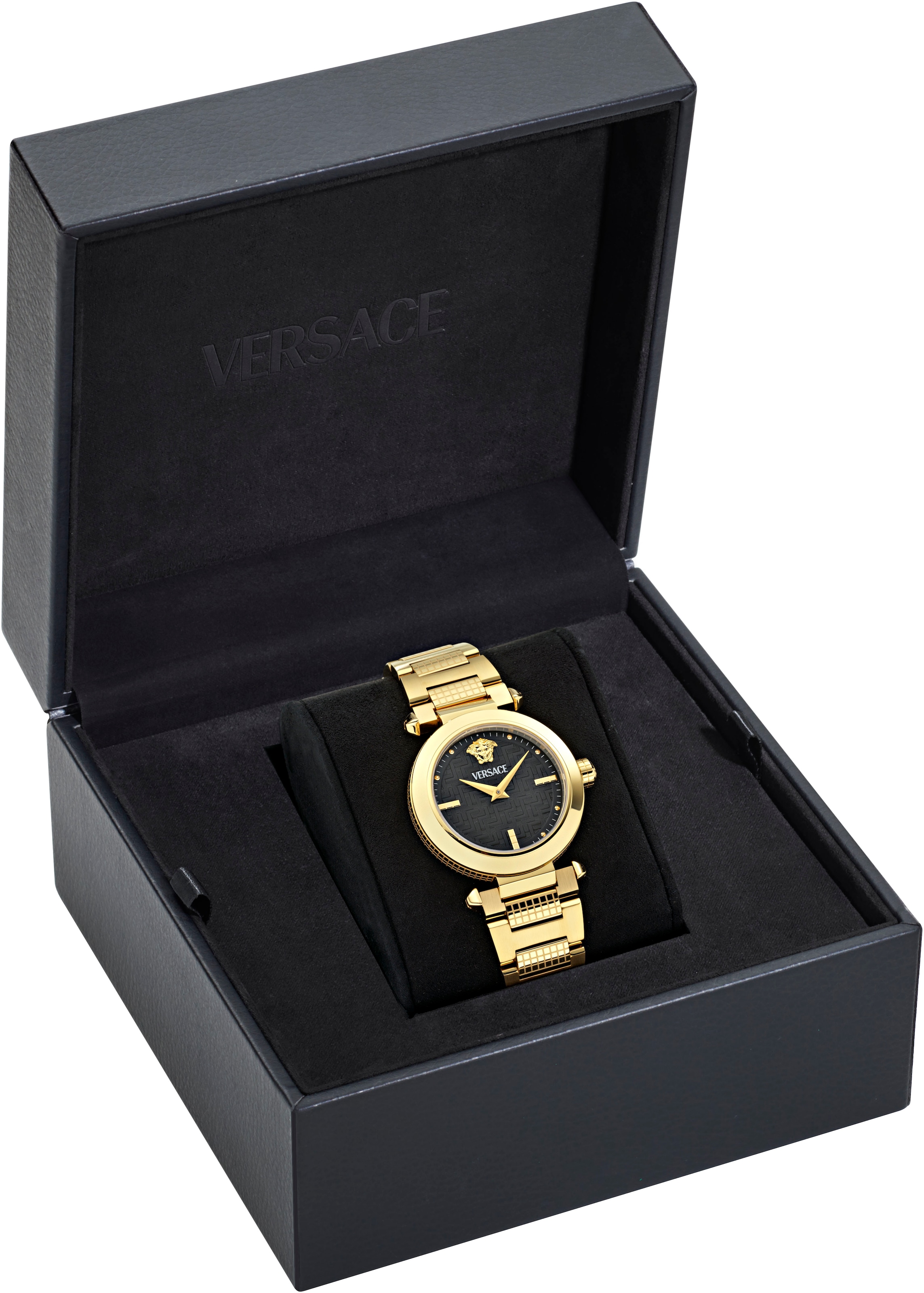 Versace Quarzuhr »VERSACE GREEK«, Armbanduhr, Damenuhr, Swiss Made, Edelstahlarmband, analog