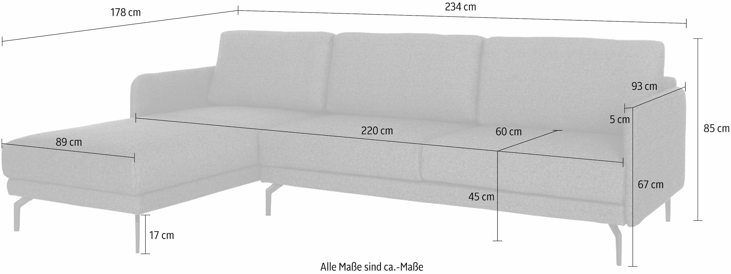 hülsta sofa Ecksofa »hs.450«, Armlehne sehr schmal, Breite 234 cm, Alugussfüße in umbragrau