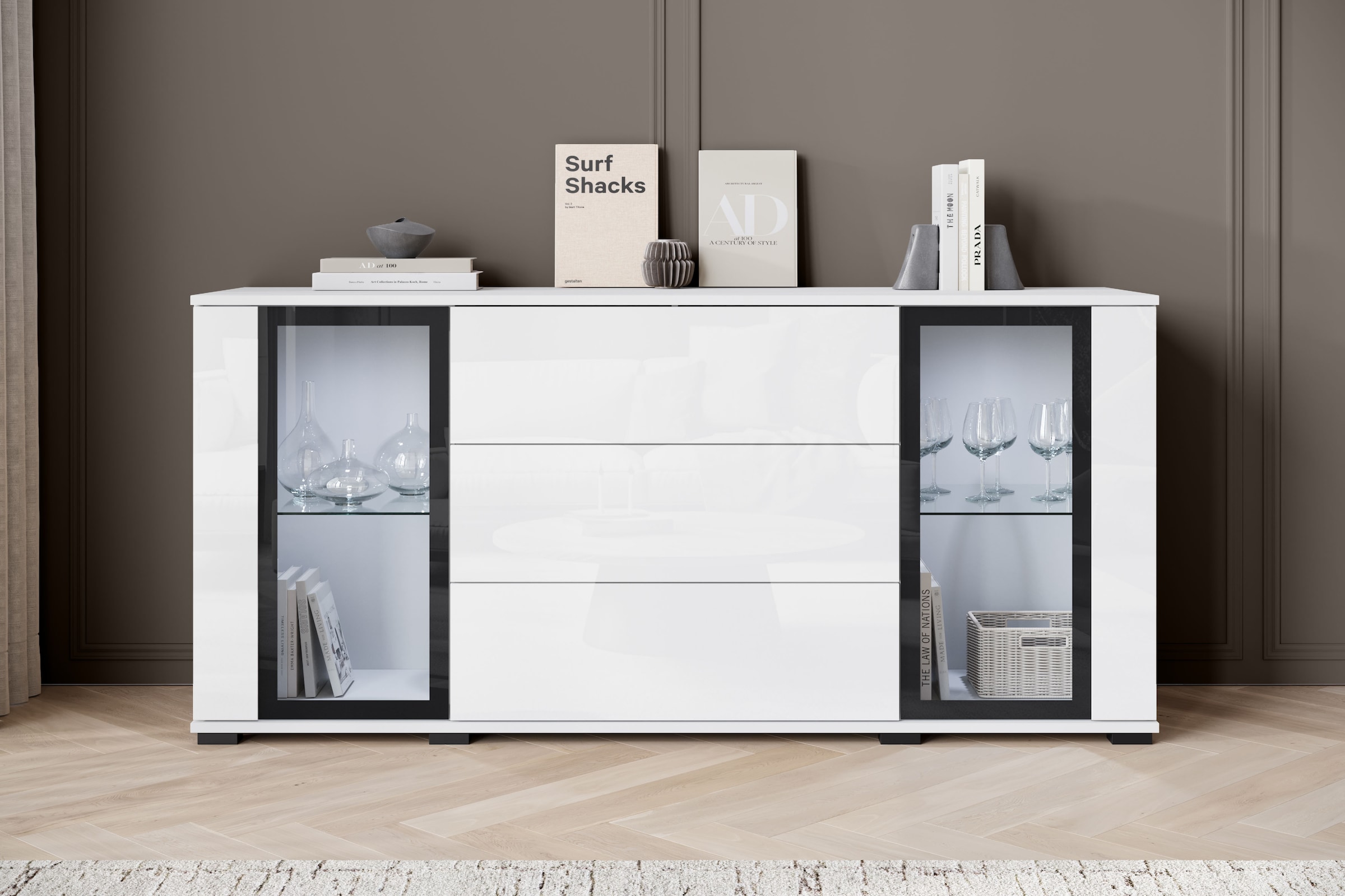 INOSIGN Sideboard »modernes Design mit Glaseinsätzen und 3 Schubladen, Breite 150 cm«, (1 St.), Grifflose Fronten mit Push-to-Open, höhenverstellbare Einlegeböden