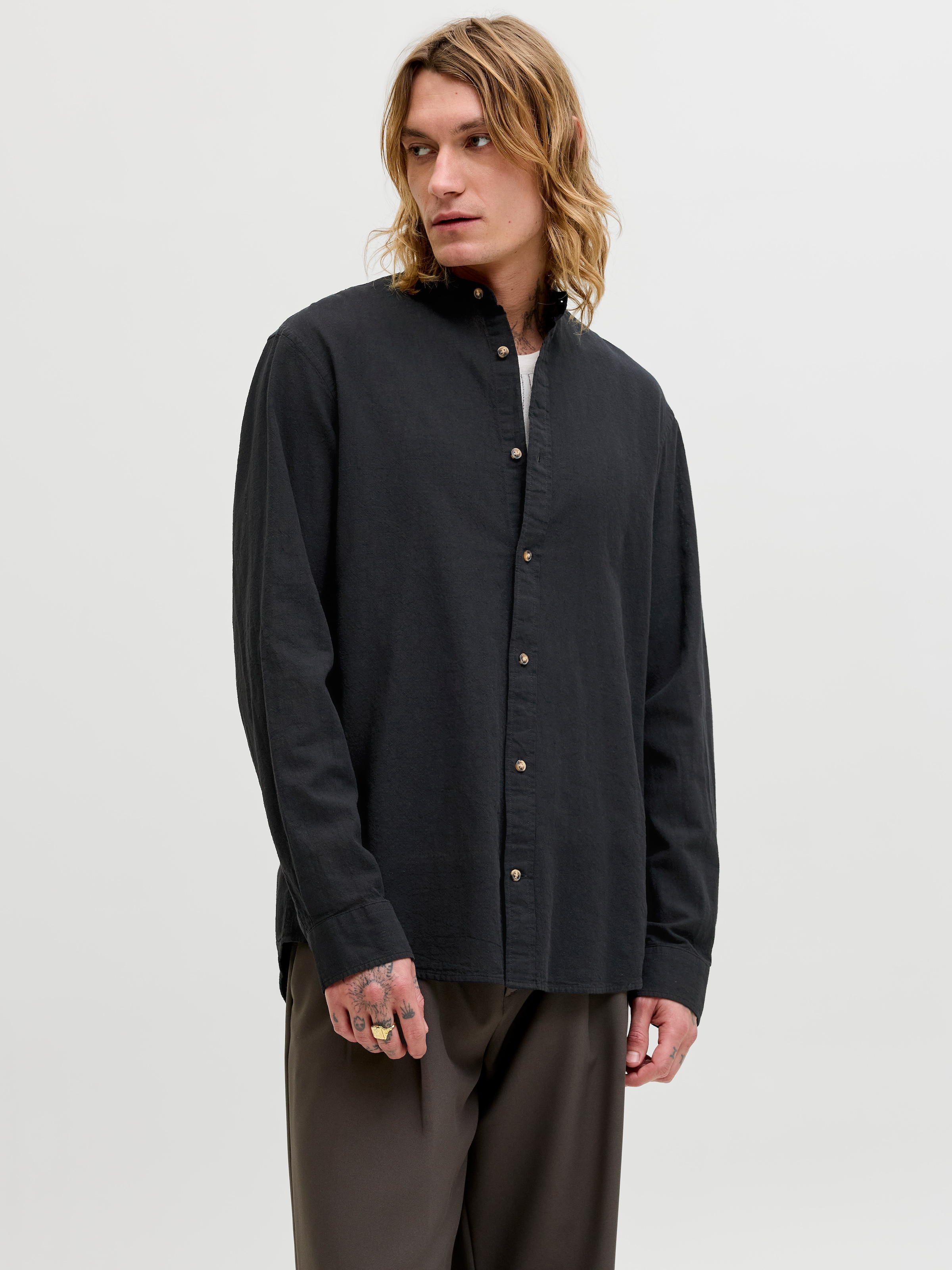 Jack & Jones "JJESUMMER LINEN BLEND BAND SHIRT L/S SN" Baumwollmischung, regular fit