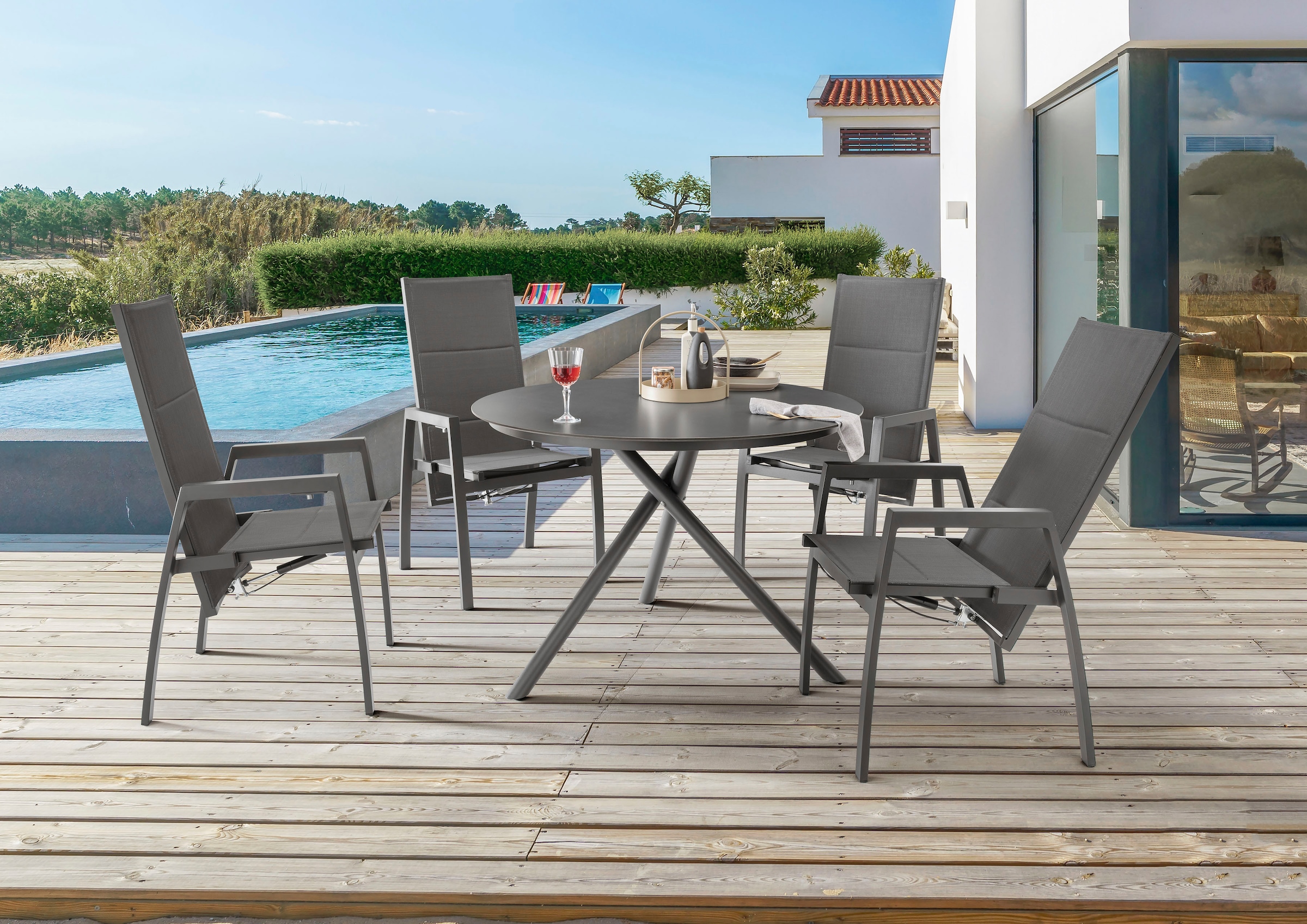 Destiny Garten-Essgruppe "COSTA BARLETTA 4 HL + Tisch Ø110cm anthrazit" Set, 5 Stk. tlg. Aluminium, Textilene, HPL