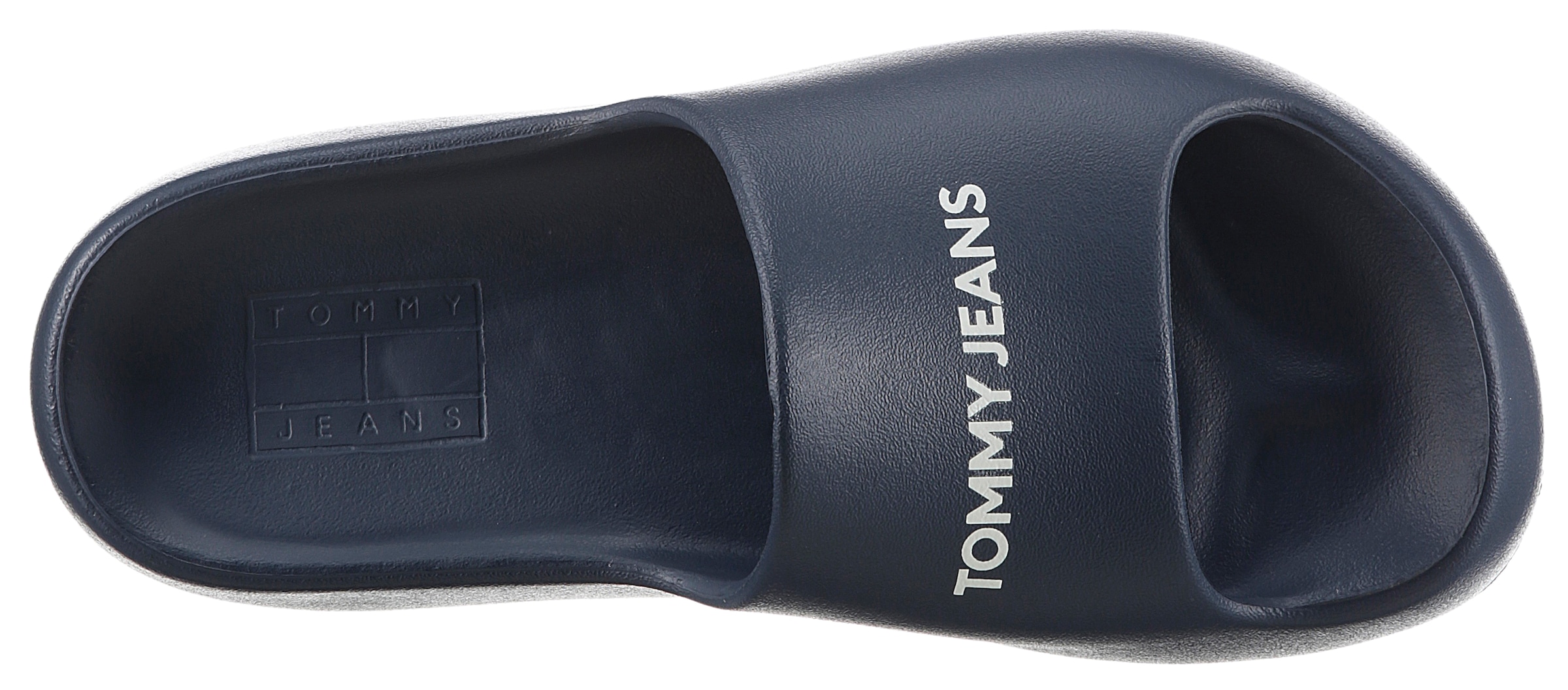 Tommy Jeans Pantolette »TJW CHUNKY FLATFORM SLIDE«, Plateau, Sommerschuh, Schlappen mit kontrastfarbenem Logoschriftzug