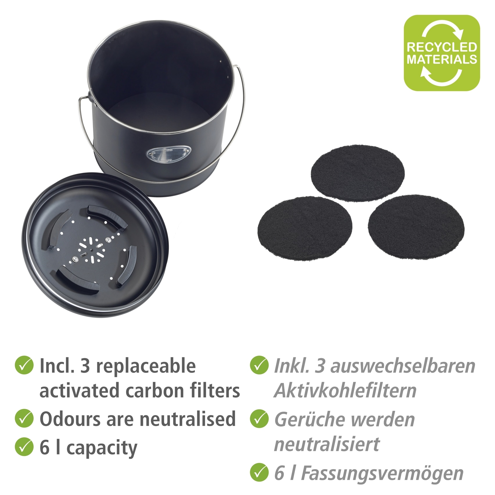 WENKO Biomülleimer »Modell Nero«, Komposteimer aus Metall, inkl. 3 Aktivkohlefiltern zum Wechseln, 6 L