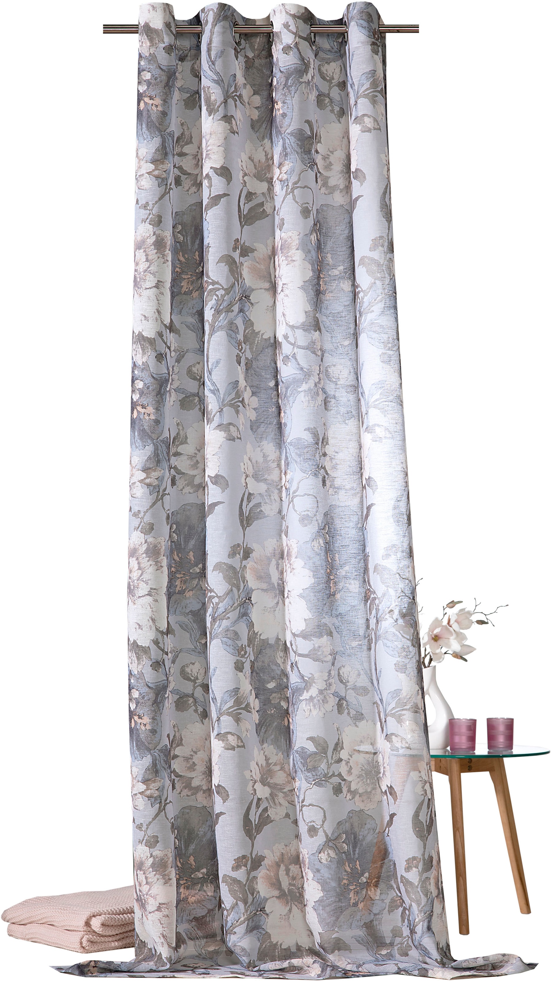 Weckbrodt Vorhang »Charlotte«, (1 St.), Ösenschal, auf halbtransparent, Leinen, geblümt floral, Rechnung Ösen, | BAUR
