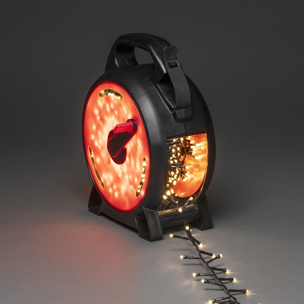 KONSTSMIDE LED-Lichterkette, 800 St.-flammig, Micro LED Compactlights Lichterkette mit Kabelaufroller, schwarz-rot, 800 warm weiße Dioden
