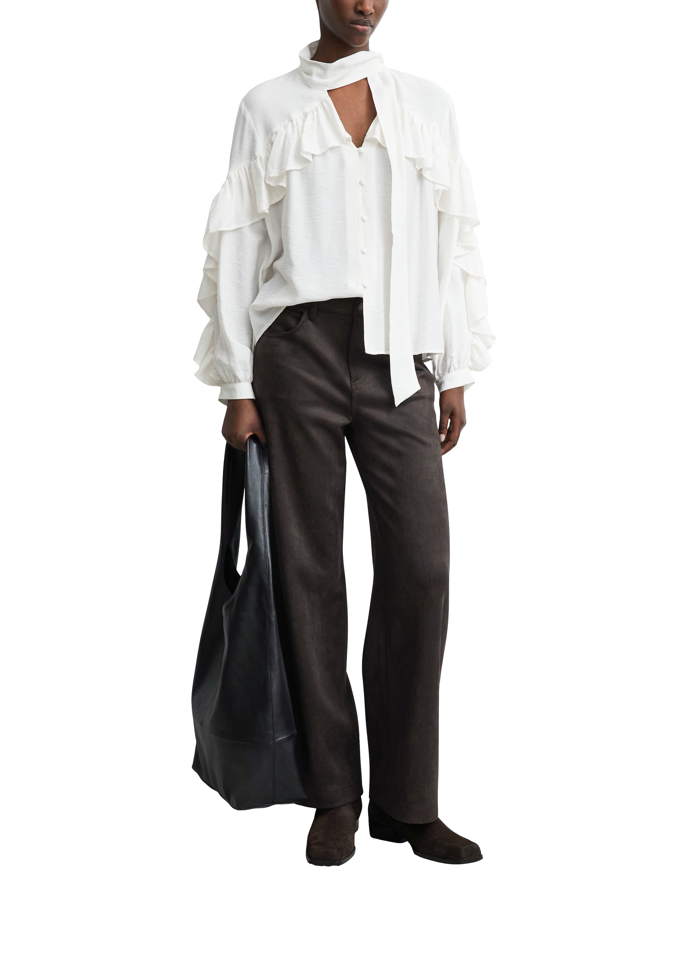 Comma Lederimitathose  aus softem Velours, Wide Leg, High Rise