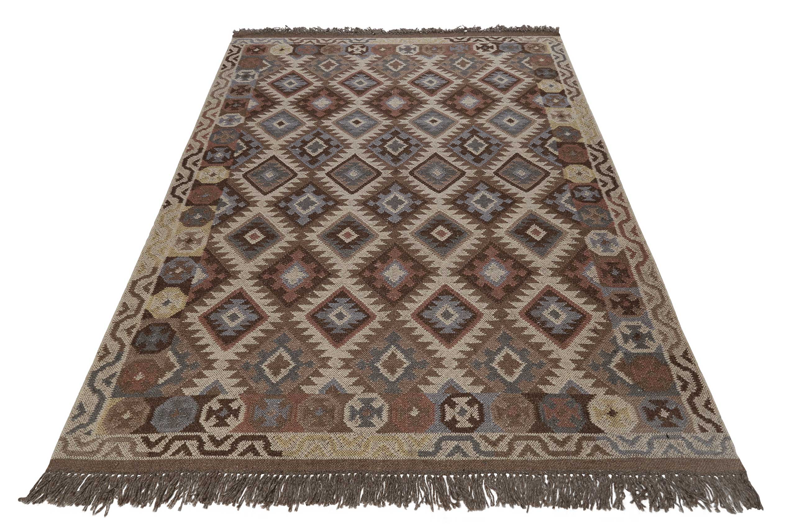 Thumbnail - Green Looop Wollteppich "Migny" rechteckig 5 mm Höhe Fransen, Kelim, handgewebt, Natur, Wohnzimmer, Schlafzimmer, Raute