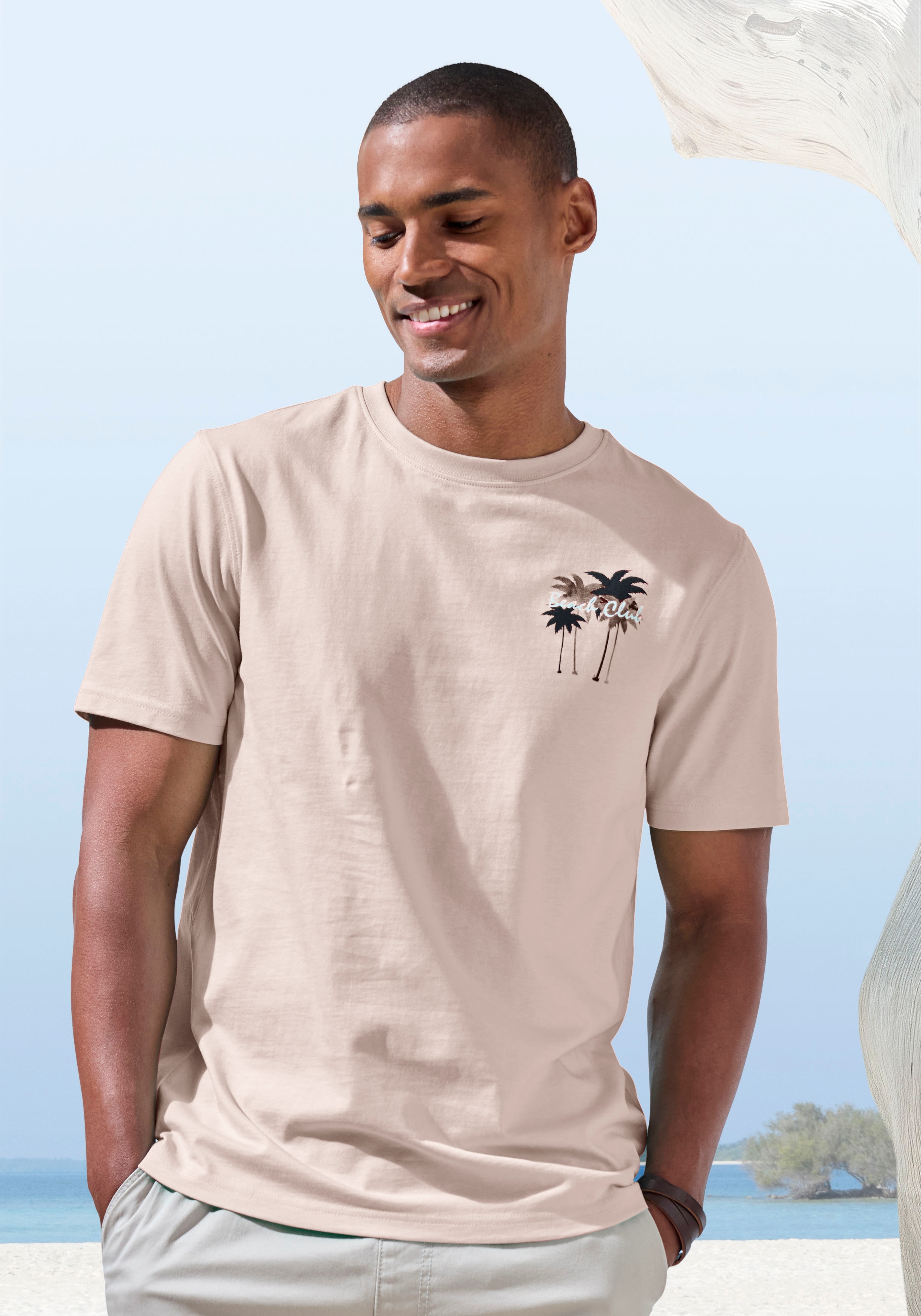 Beachtime T-Shirt ", sommerliches Shirt mit modischem Palmen Print" Regular-Fit, mit kleinem Print vorn und großem Print hinten