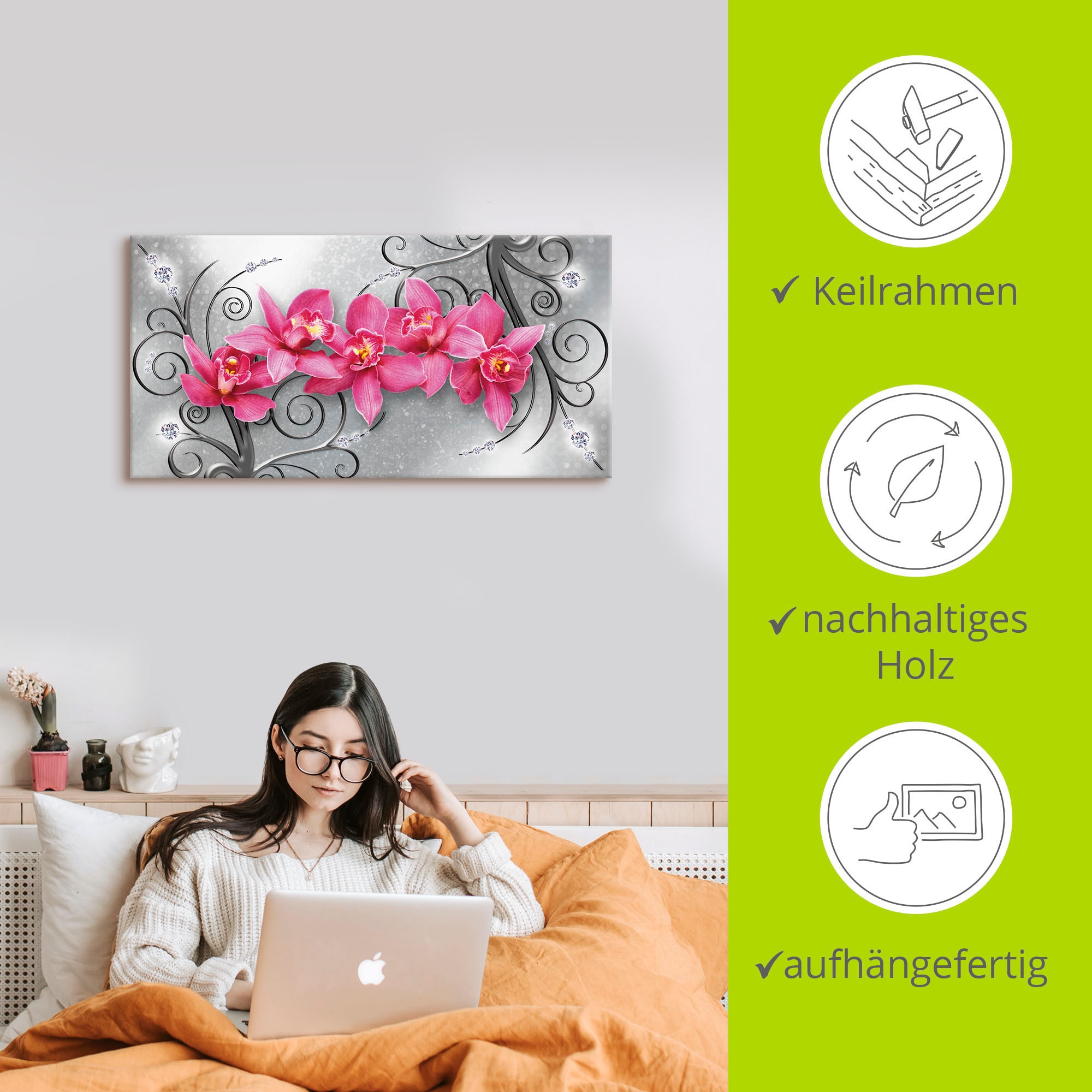 Artland Wandbild »rosa Orchideen auf Ornamenten«, Blumenbilder, (1 St.), als Alubild, Outdoorbild, Leinwandbild, Poster, Wandaufkleber