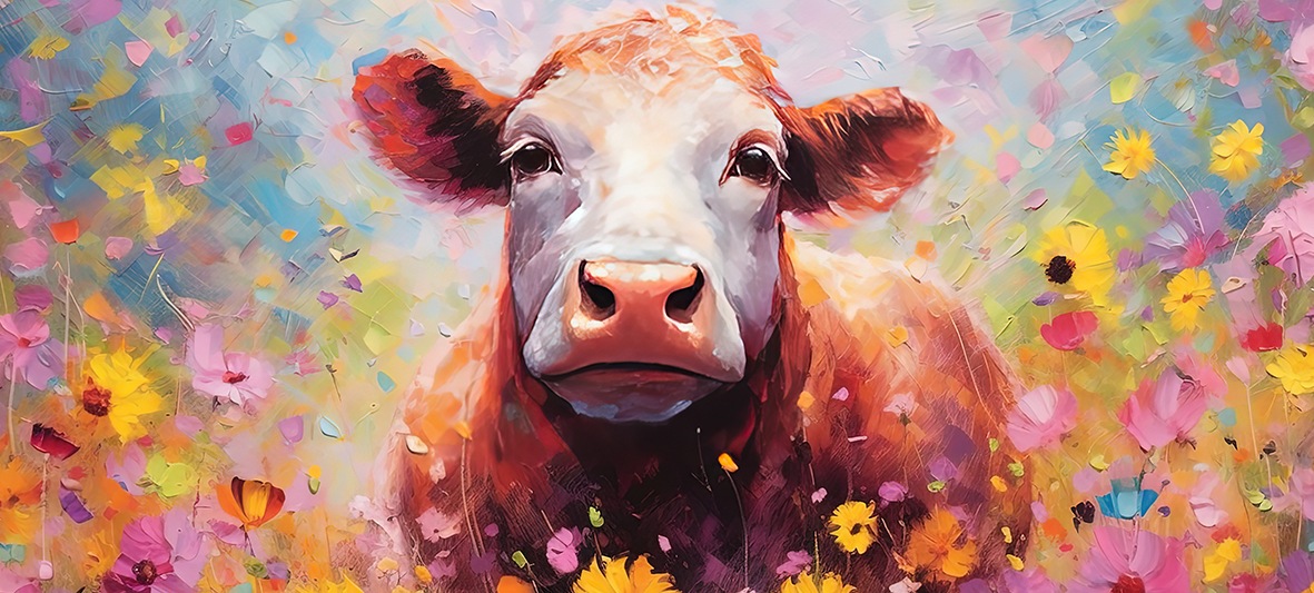 Bönninghoff Leinwandbild "Wandbild KUH MIT BLUMEN XXL 90x200 cm – Leinwandbild Keilrahmen Deko" Blumen Blumenbilder Kuh Kuhbilder Kühe Tiere 1 Stk. tlg. auf Keilrahmen gespannt