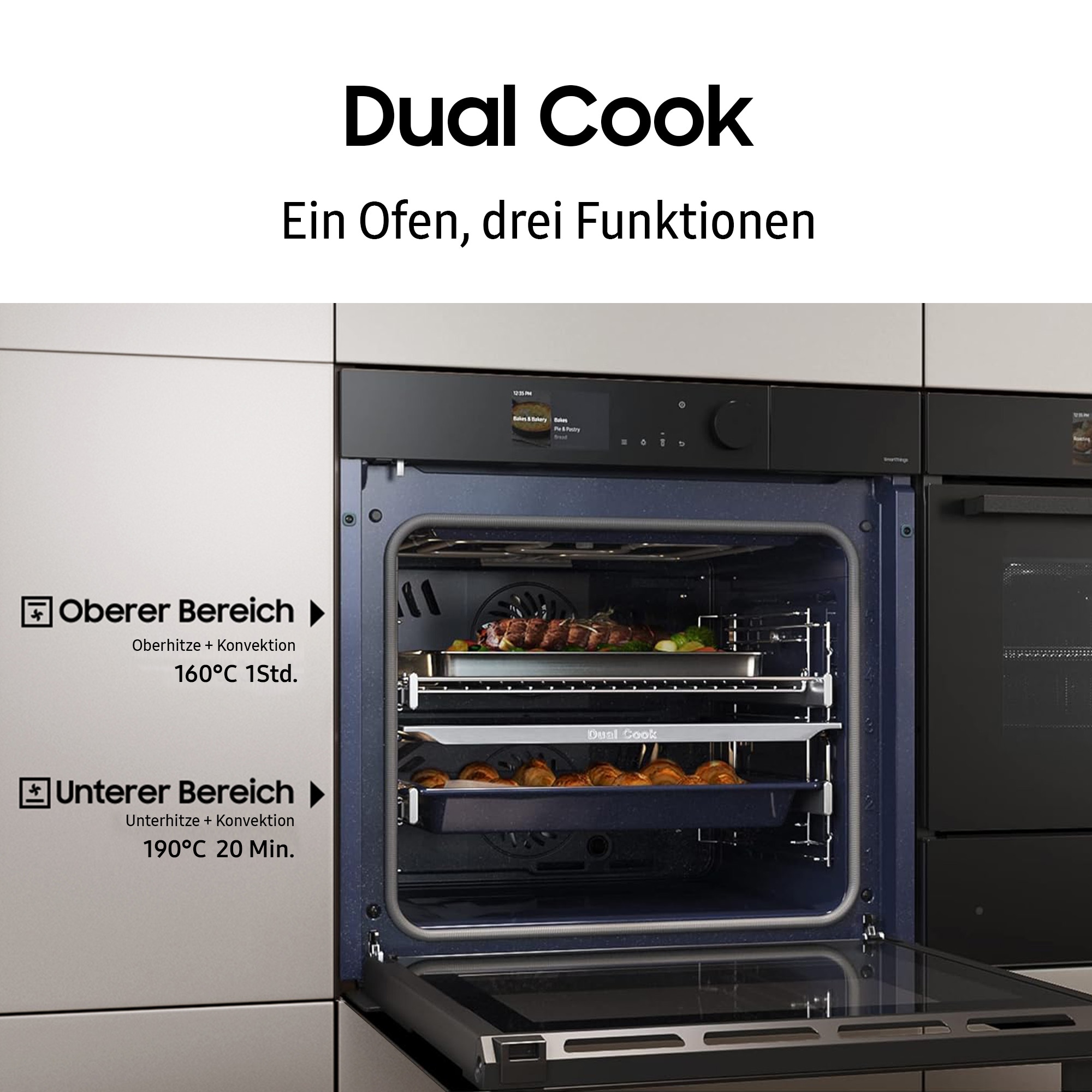 Samsung Pyrolyse Backofen Serie 4 »NV7B44503DB« mit Teleskopauszug nachrüstbar mit Pyrolyse-Selbstreinigung Dual Cook – 1 Ofen. Zwei Garräume. Max. Flexibilität. In matter Optik.