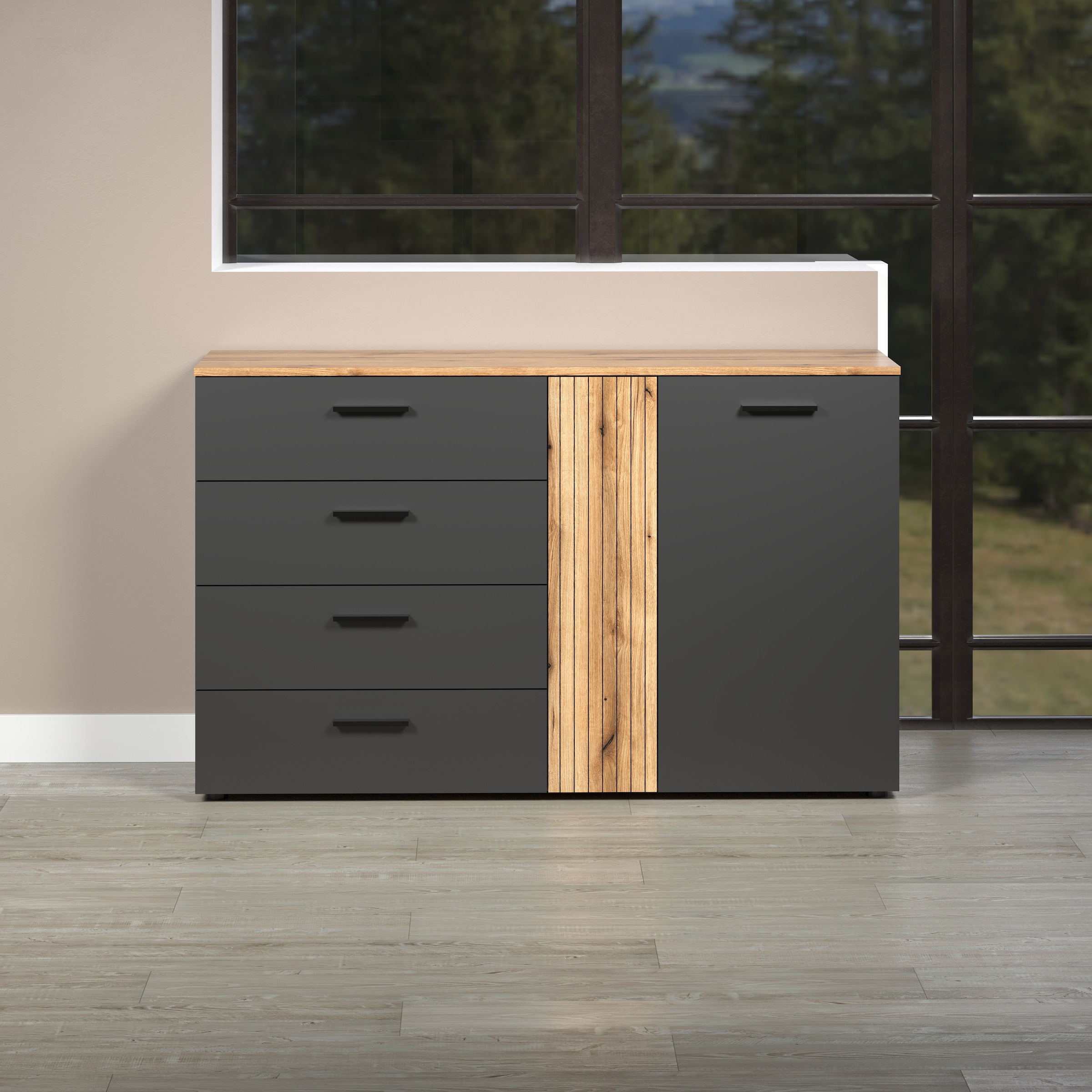 INOSIGN Kommode »Estepona«, (1 St.), Schubladenschrank in Rillenoptik mit Vollauszug-Funktion