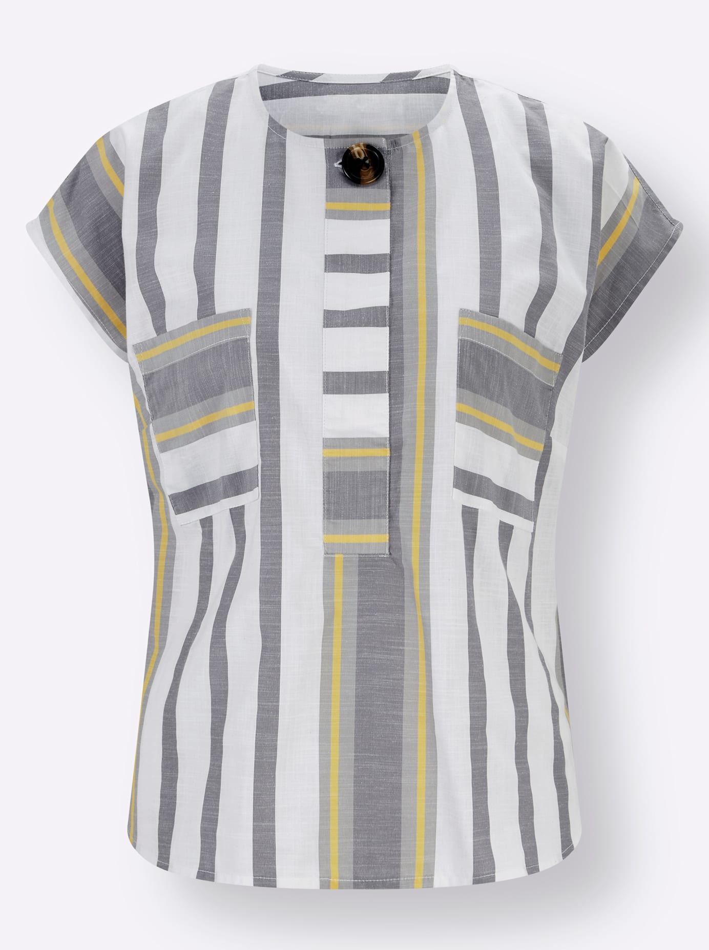 Kurzarmbluse CREATION L, Damen, Gr. 38, weiß (weiß, steingrau, gestreift), 50% Polyester, 48% Baumwolle, 2% Leinen, gemustert, gestreift, Rundhals, Blusen 3