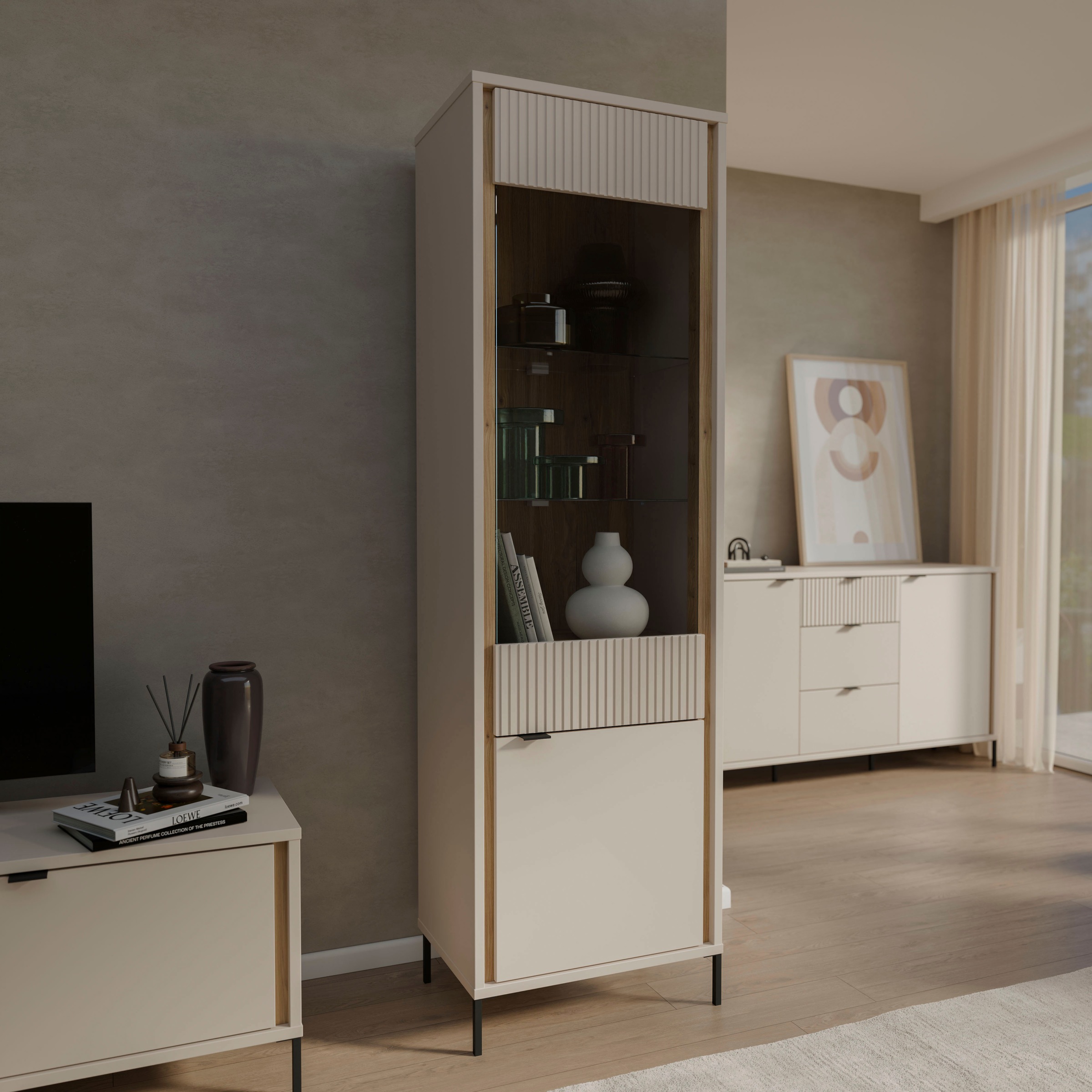 FORTE Vitrine »Forte Seravel Vitrine, 2-türig, Höhe 192,2 cm Lamellen« B/H/T 59,4/199,2/41,5 cm, Glastüre, optionale Beleuchtung