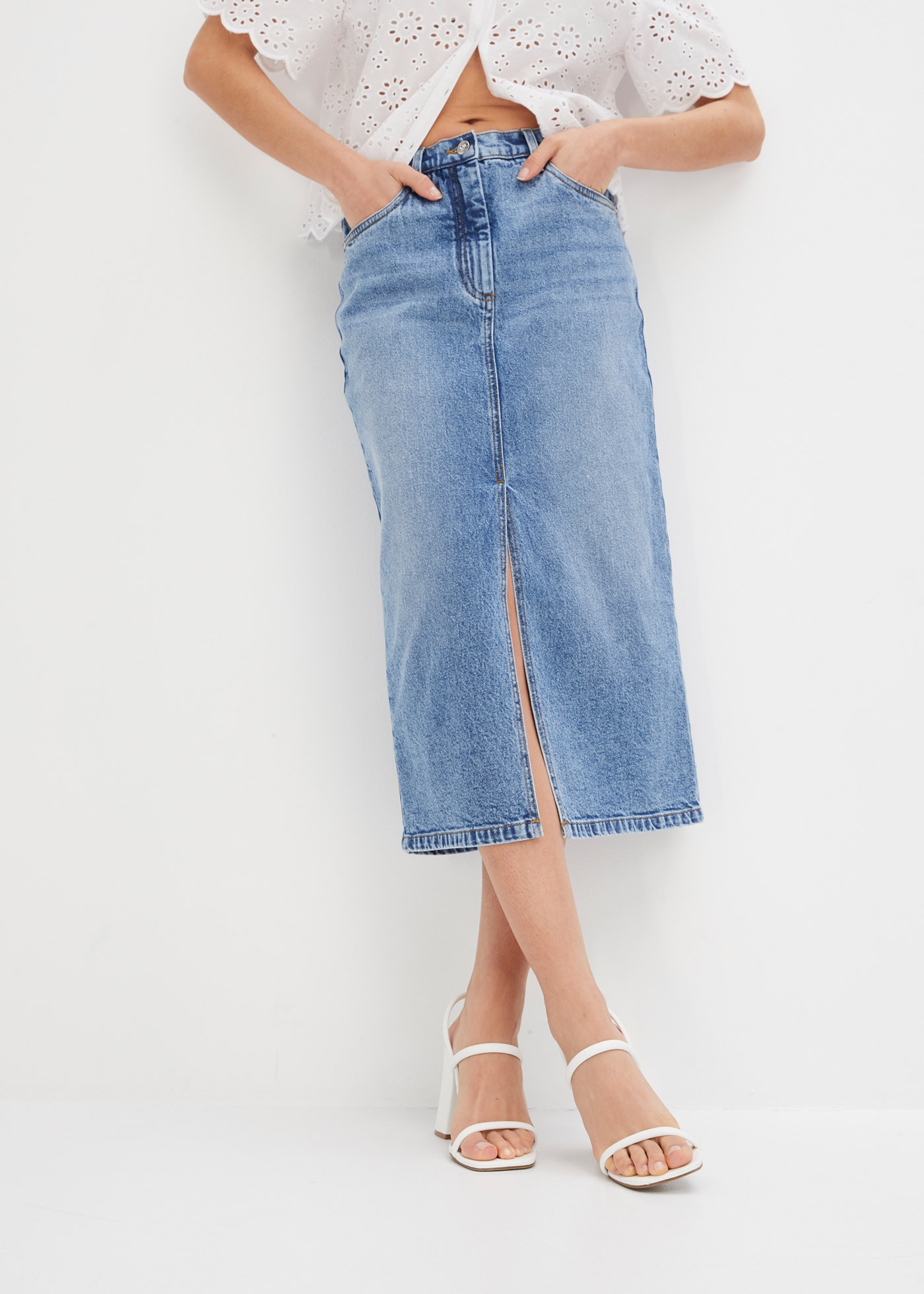 bonprix Jeansrock regular fit, mit Gehschlitz, 5-Pocket-Stil günstig online kaufen