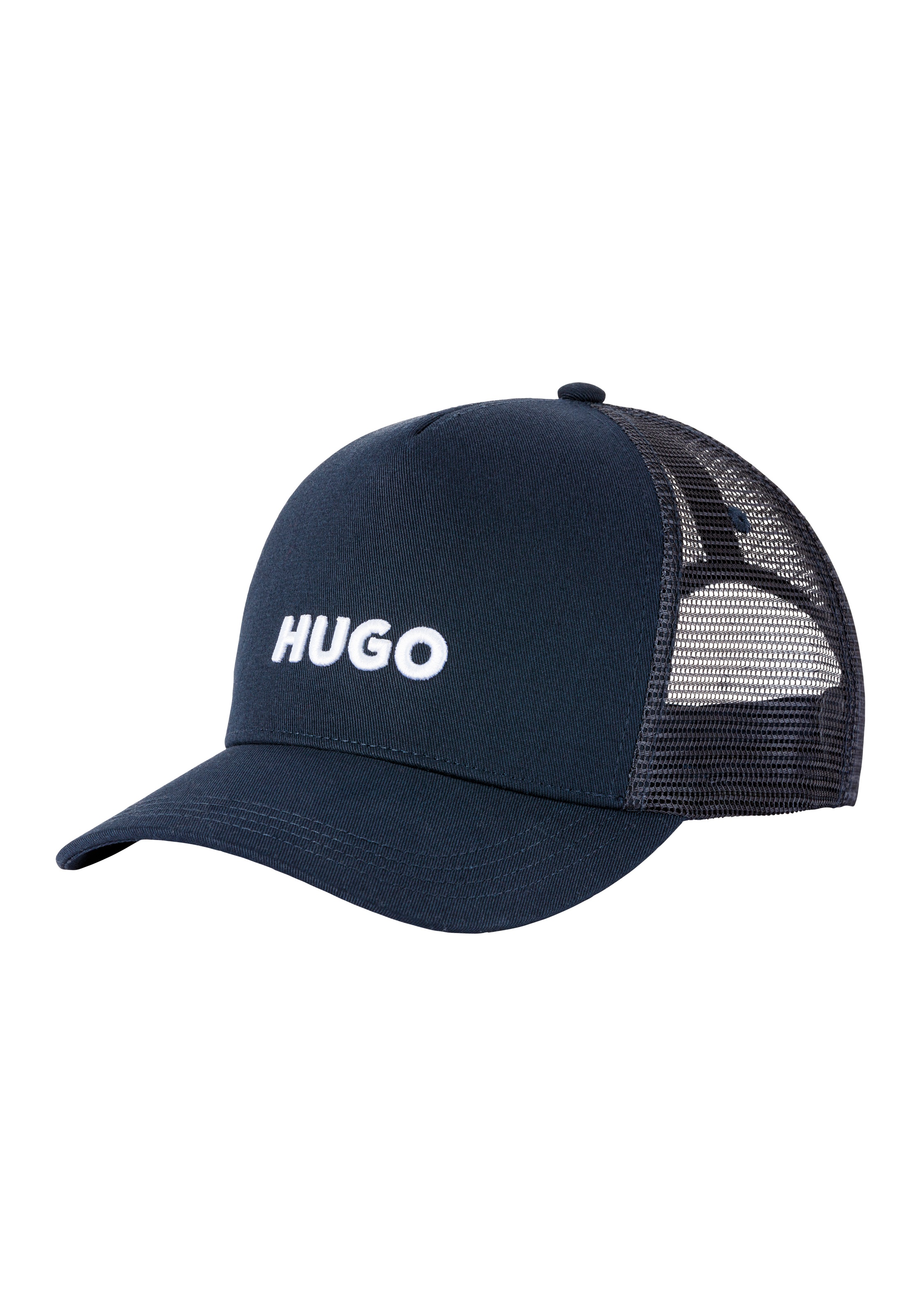 HUGO Fitted Cap "Marsel-Trucker", blau, unifarben, Web, Baumwolle, Caps, aus Twill & Mesh mit 3D Logostickerei, unisex