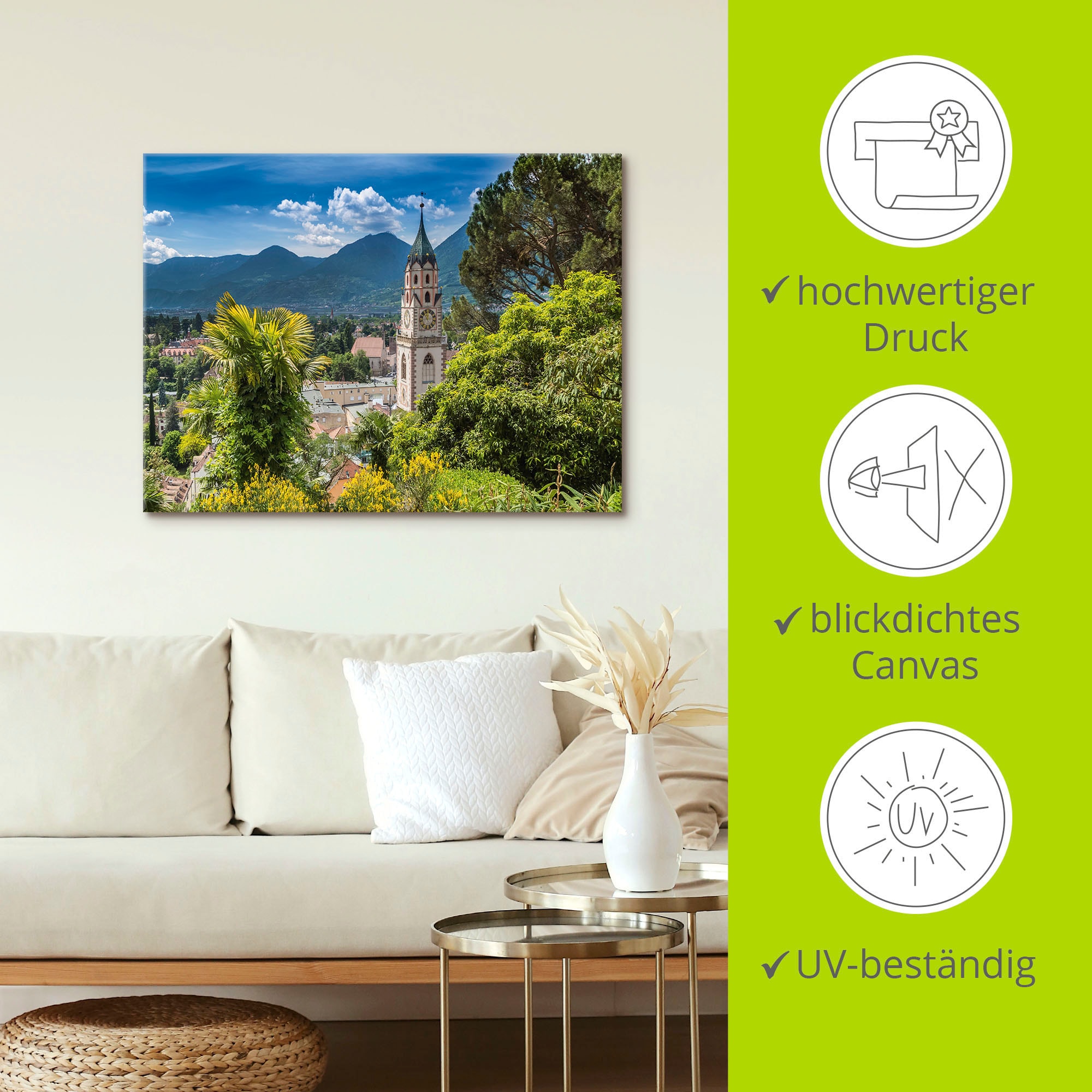 Artland Leinwandbild »Meran Idyllischer Blick über die Stadt«, Europa, (1 St.), auf Keilrahmen gespannt