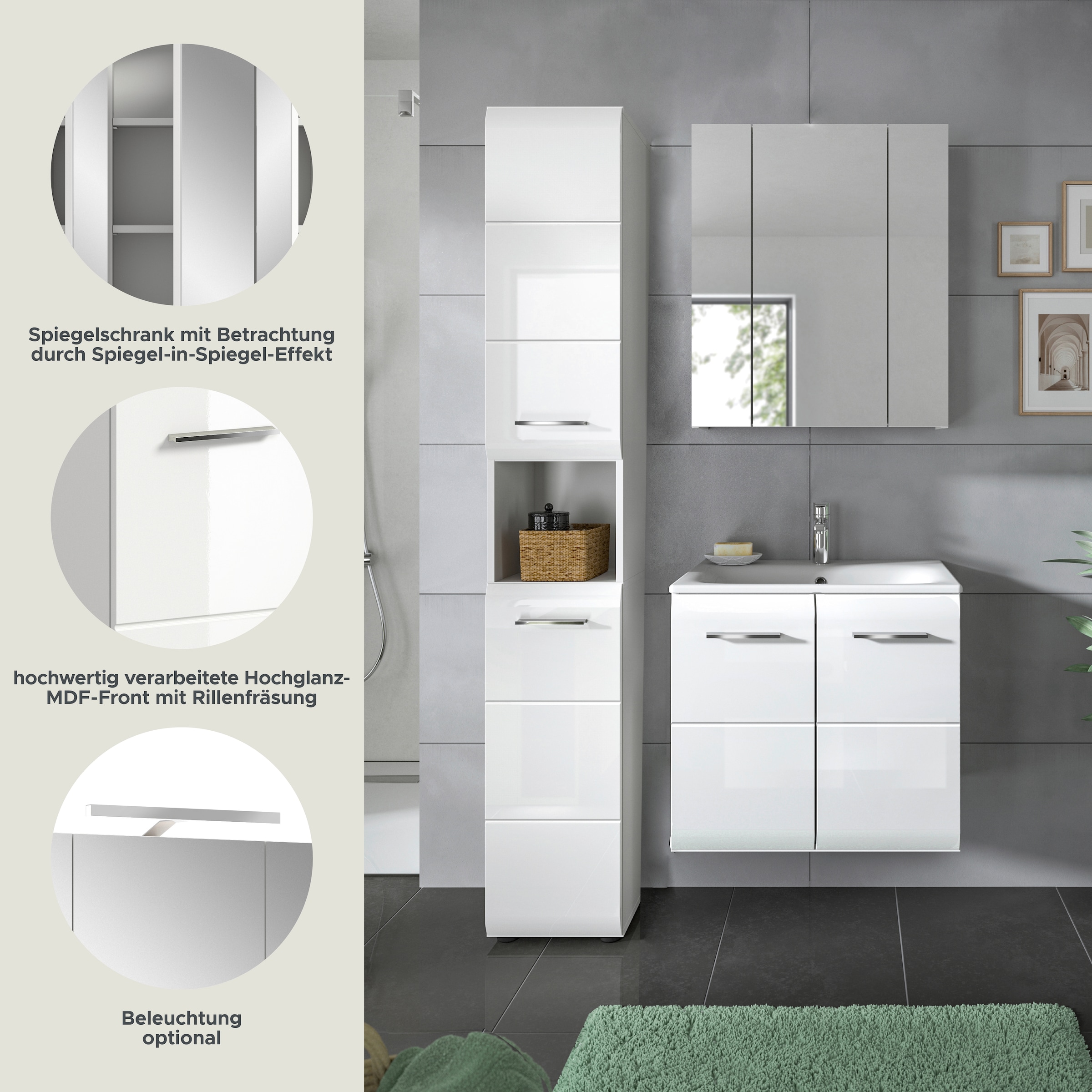 INOSIGN Badezimmer-Set, (Set, 4 St.), Florenz, Badkombination 4-tlg., Weiß hochglanz, inkl. Waschbecken
