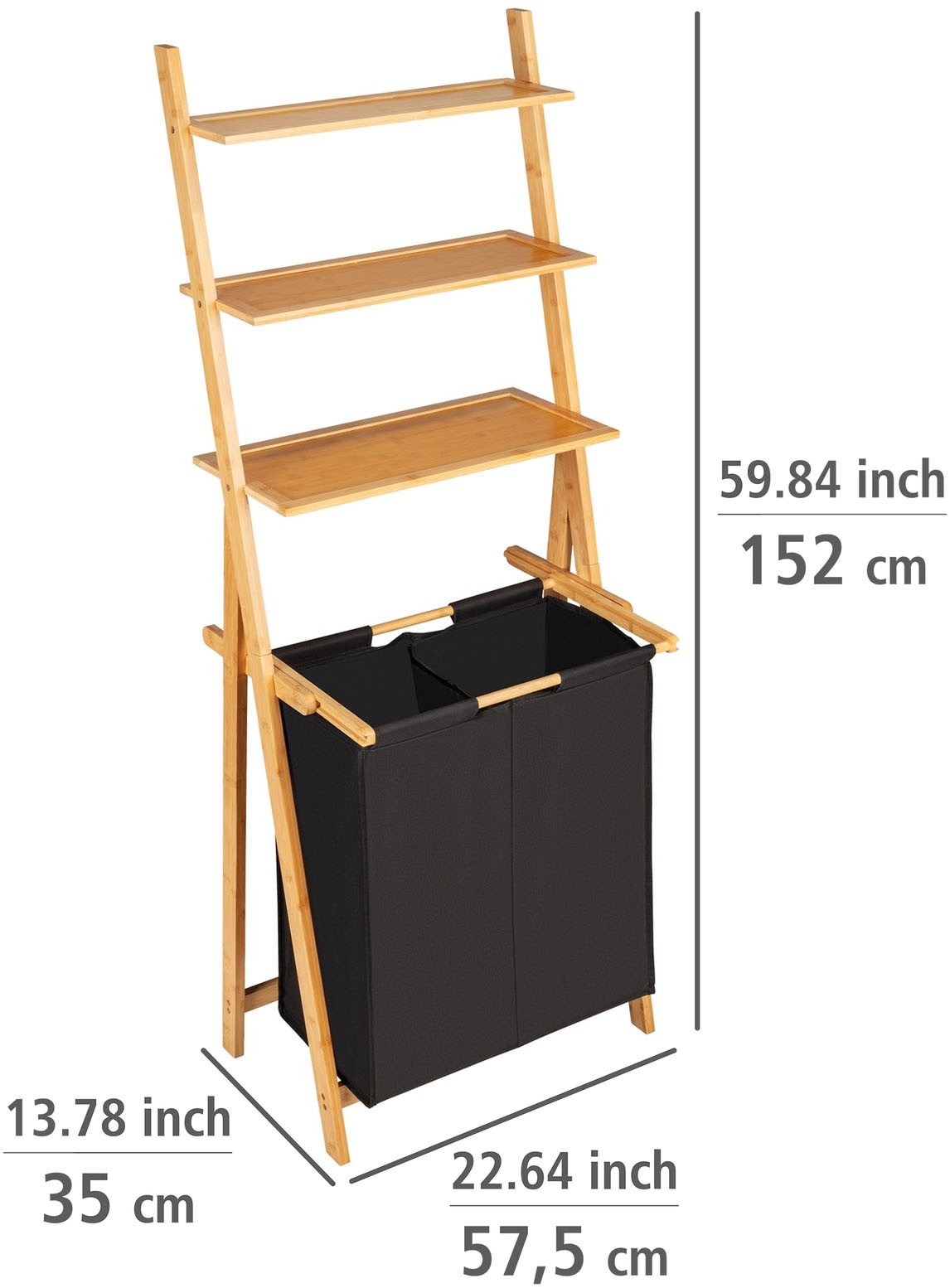 WENKO Leiterregal »Modell Ecori mit Wäschesammler«, Rahmen aus Bambus, 3 Ablagen, Textilien aus 100 % recyceltem Polyester