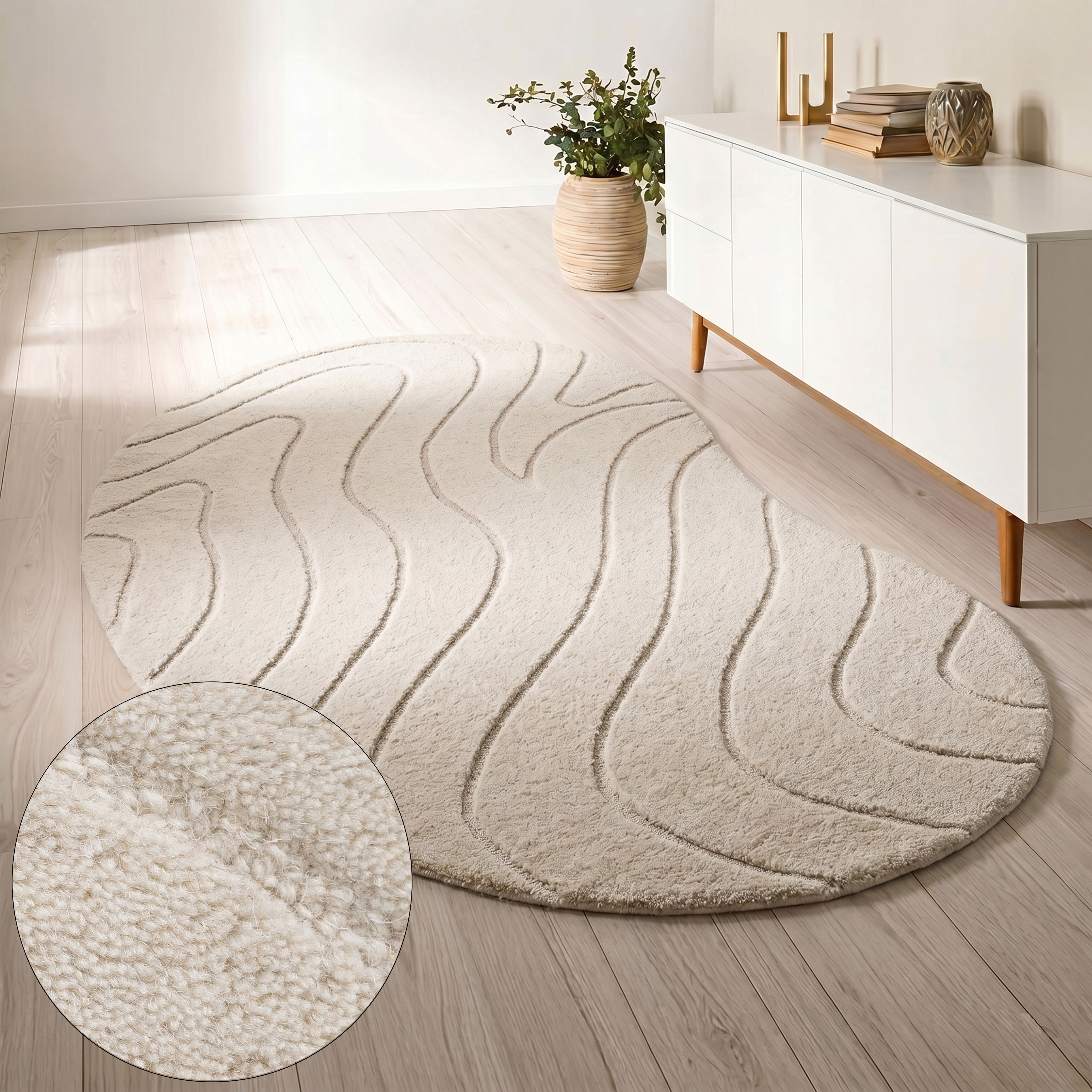 LeGer Home by Lena Gercke Wollteppich "Zarrah, mit Wellendesign, besondere Form, organisch" oval 14 mm Höhe reine Wolle, modern, Scandi, Schlafzimmer, Wohnzimmer, Esszimmer