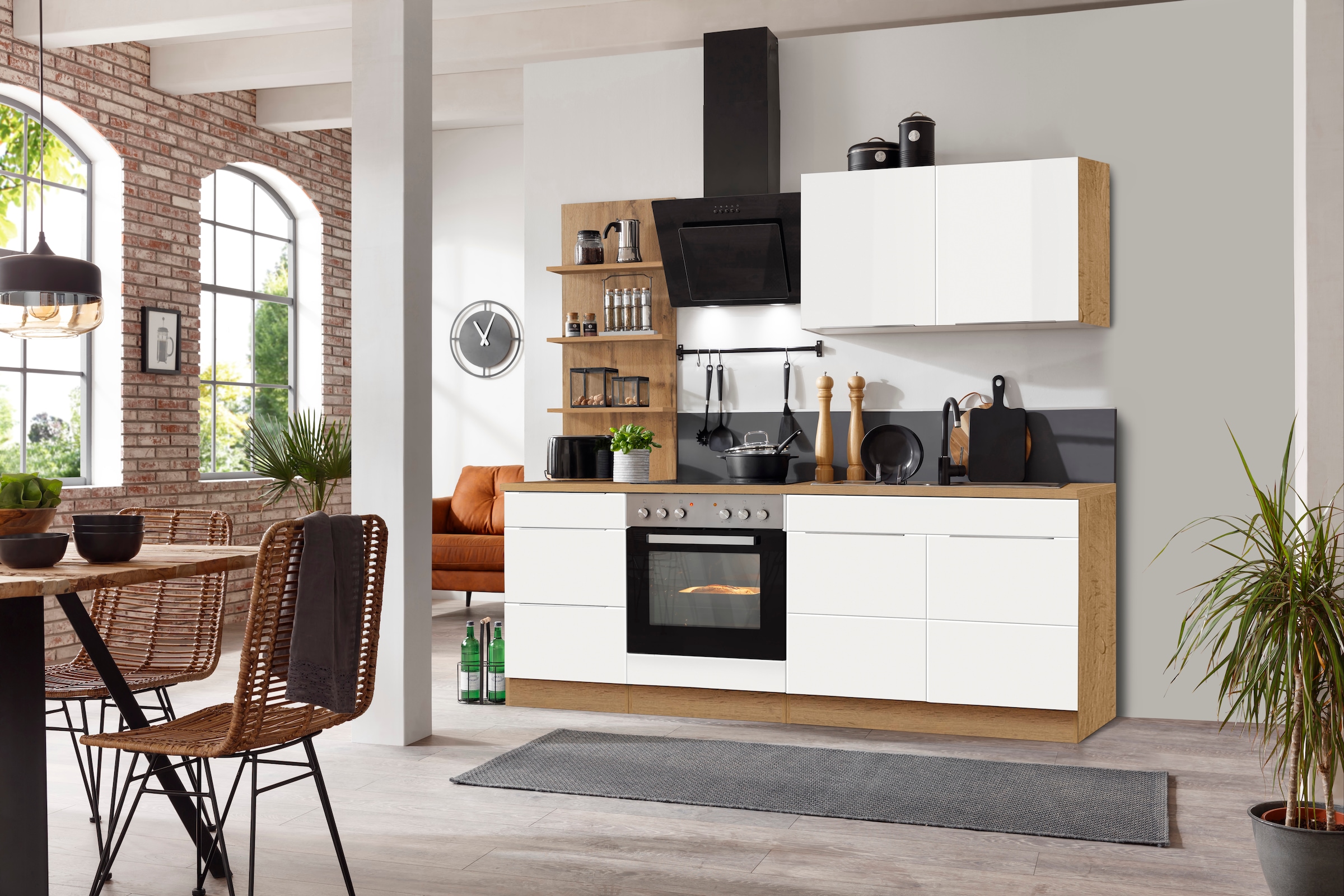 KOCHSTATION Küchenzeile »KS-Brindisi«, Breite 210 cm, wahlweise mit E-Geräten, mit MDF-Fronten und Regal