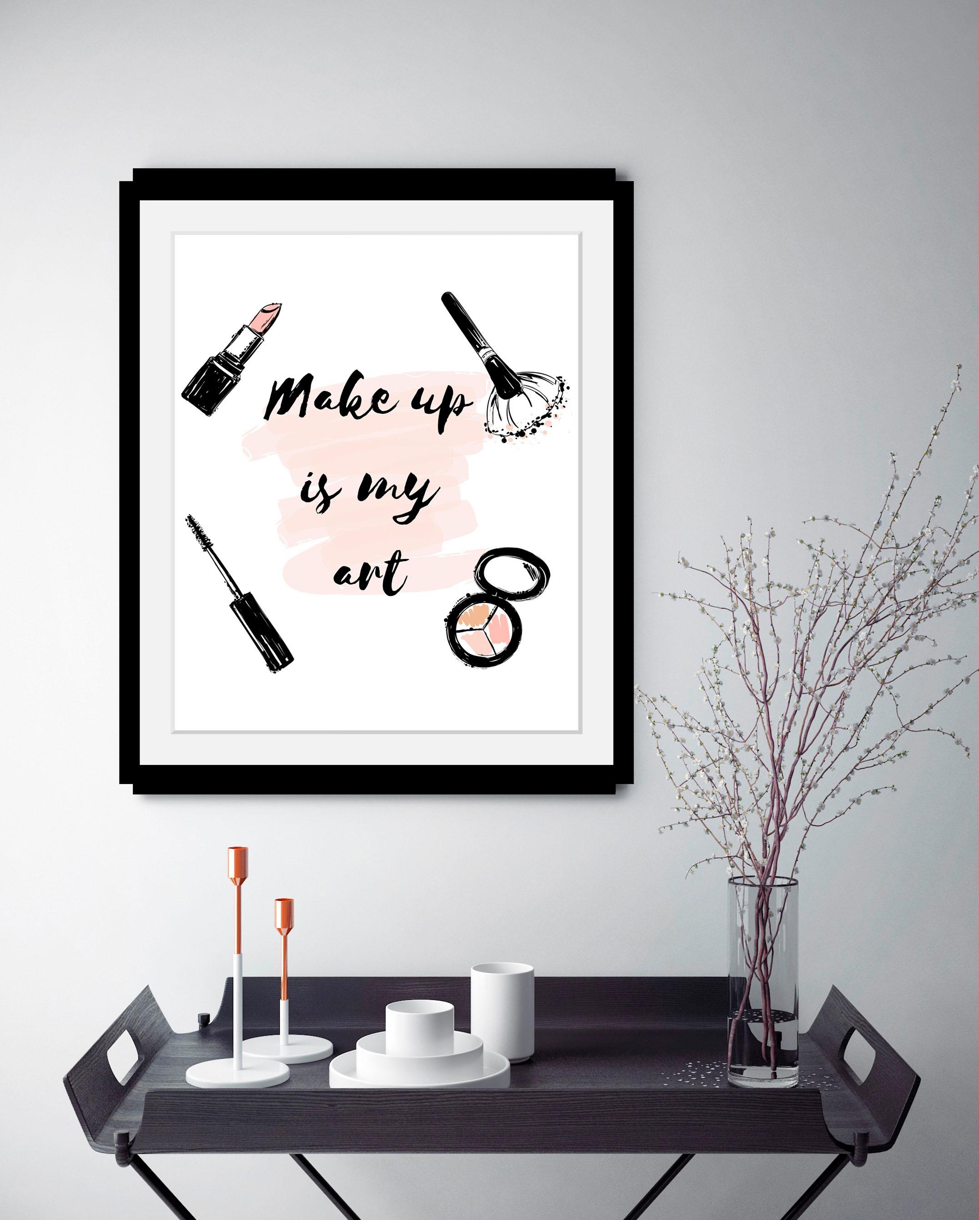 queence Bild »Make up«, Schwarz-Weiß-Schriftzug-Motivationsbilder-Fashion-Frau, HD Premium Poster-Druck inkl. Holzrahmen