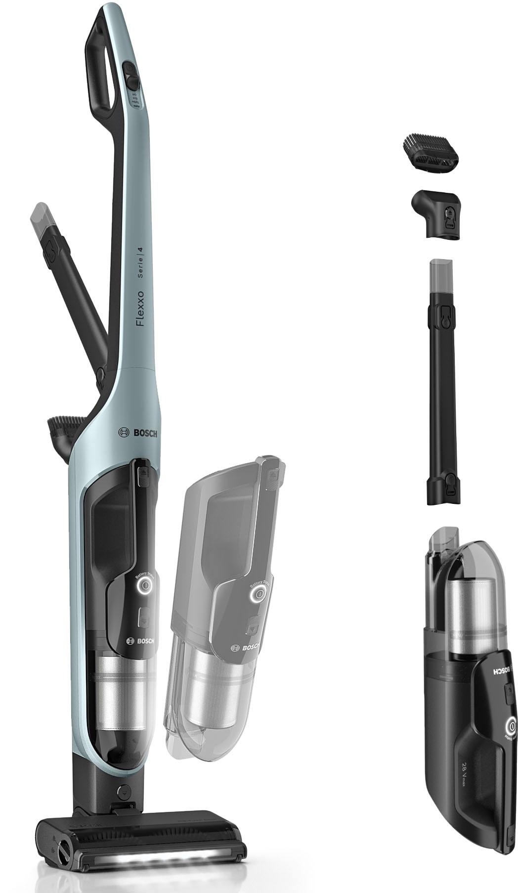 BOSCH Akku-Stielstaubsauger "Flexxo Serie 4 BCH4FM28/BCH4SM28, 2in1 Akku-Staubsauger, freistehend" kabellos, integriertes Zubehör, beutellos, 60 Min. Laufzeit