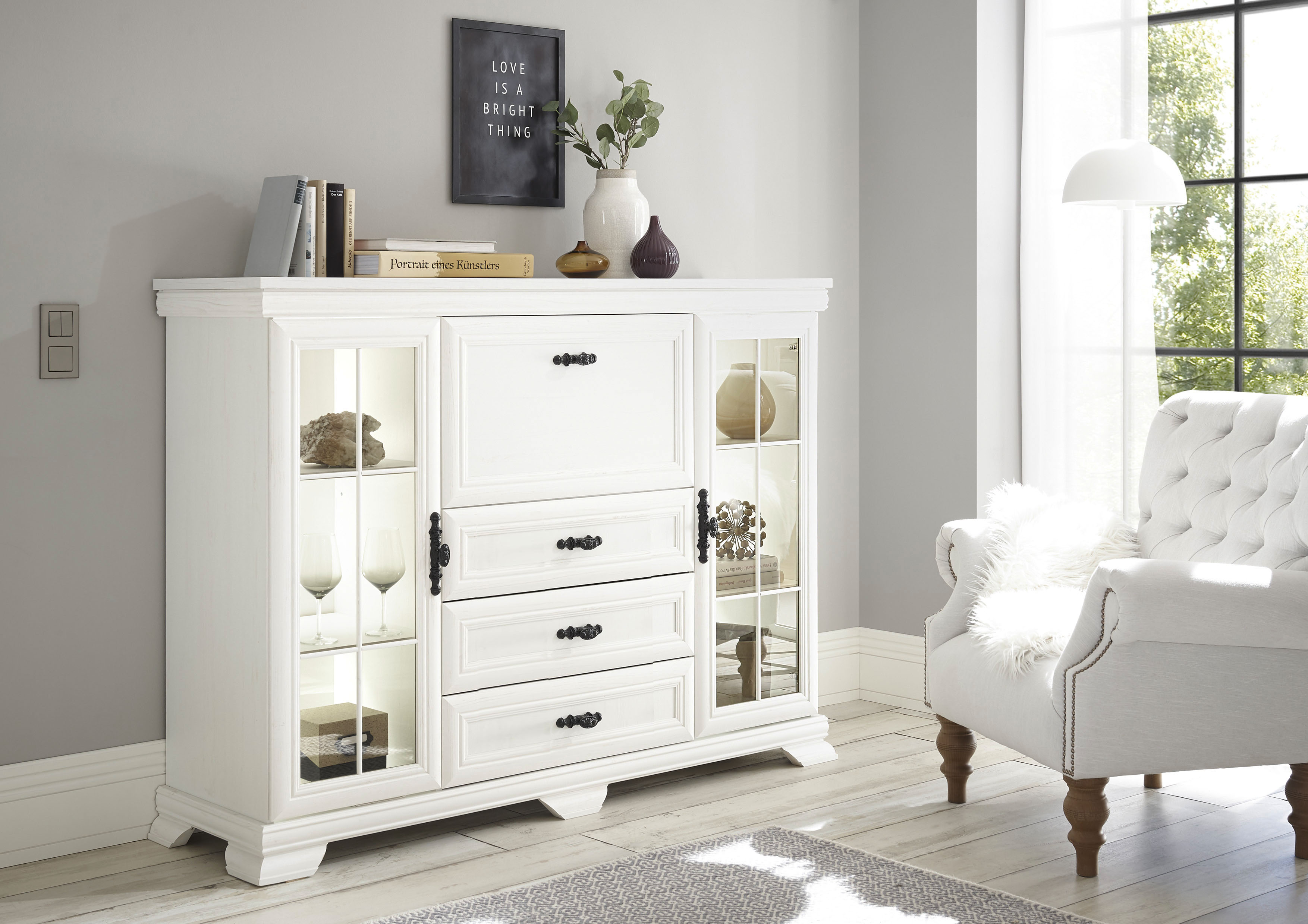 OTTO home Highboard "Royal, eleganter Schrank, Hochkommode, Stauraumelement im Landhausstil" dekorative Rahmenoptik, Metallgriffe, viel Stauraum, 158 cm breit