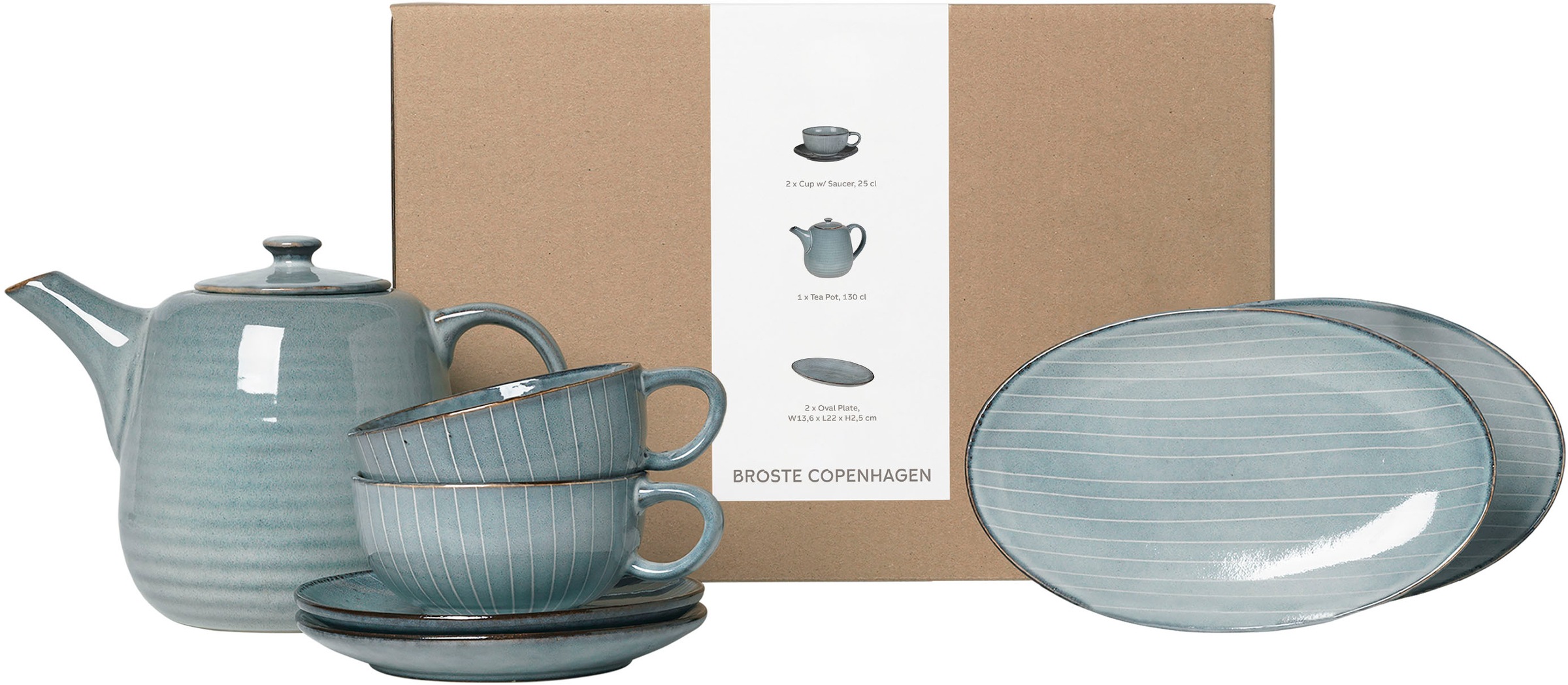 Broste Copenhagen Teeservice »Single Geschirr-Set Nordic Sea, inkl. 1 Päckchen Papierserviette«, (Set, 8 tlg.), Beliebte Geschirr Sets Exclusiv mit Geschenk