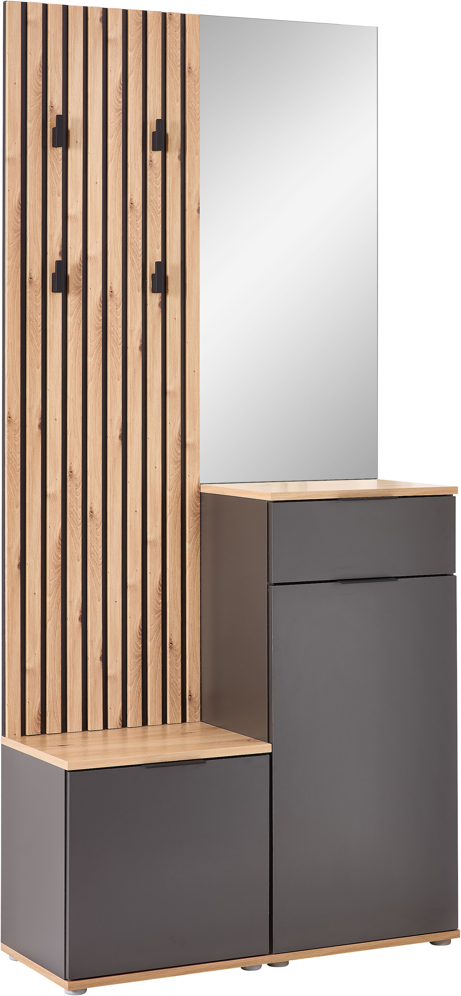 HBZ Kompaktgarderobe »Simple mit Spiegel, Flurgarderobe BxHxT 88x195x35 cm«, (4 St.), mit Bank, Paneel, Schuhkommode mit Schubkasten und Spiegel