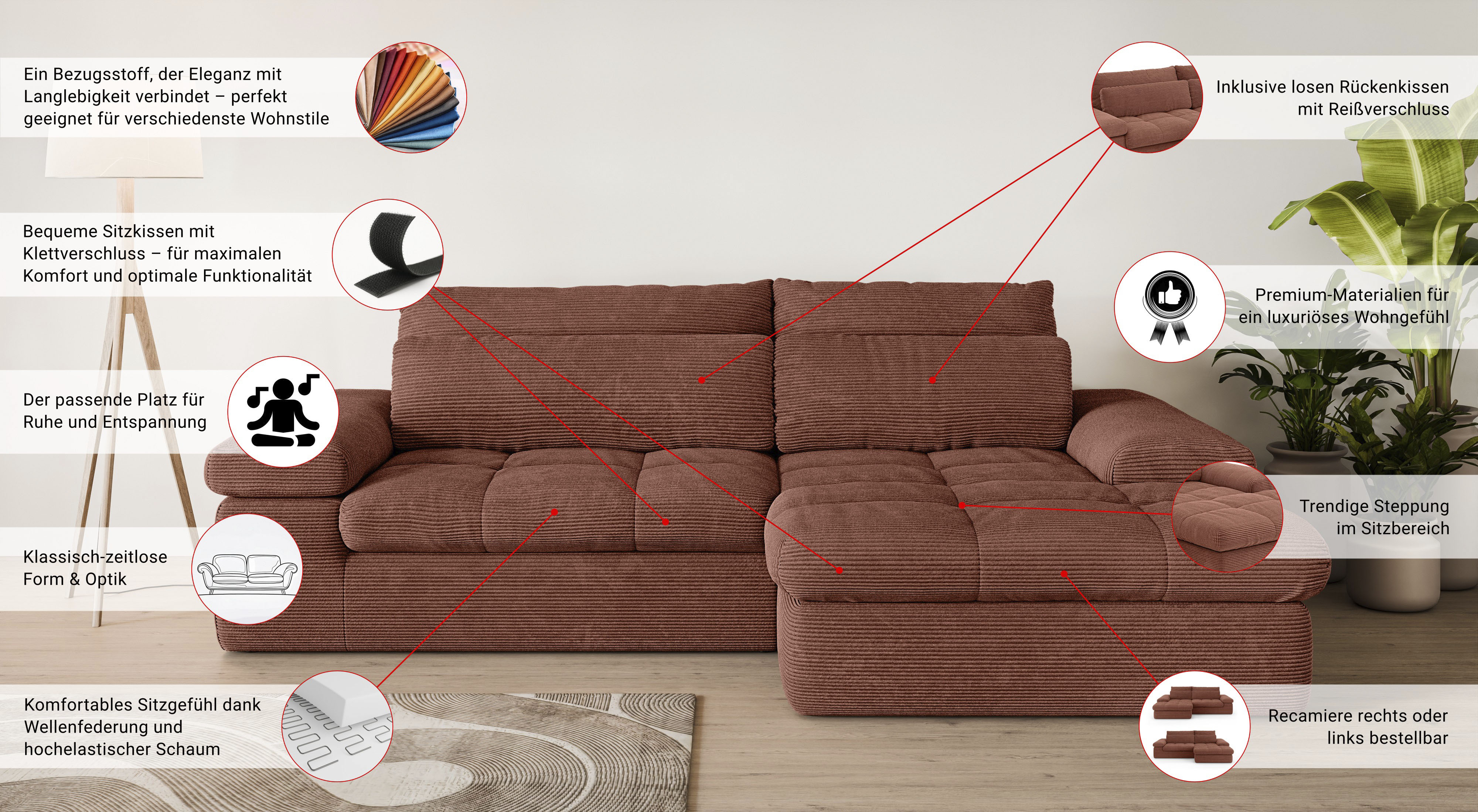 Thumbnail - Home affaire Ecksofa "ALVERIE mit Recamiere, moderne Steppung, Maße: B/T/H 274/203/106 cm" L-Form mit Wellenunterfederun...