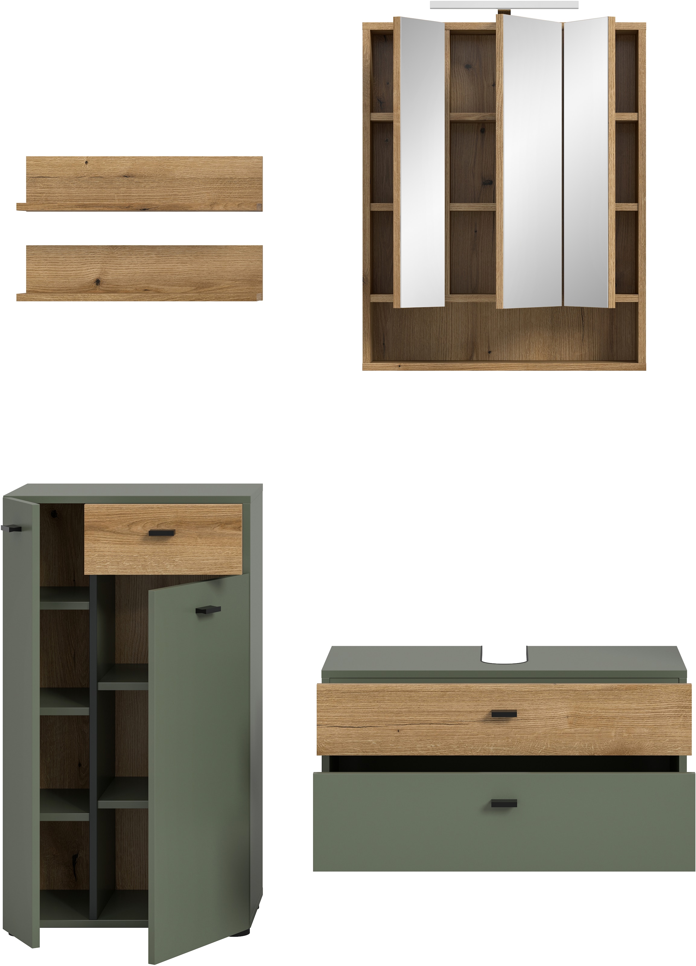 welltime Badmöbel-Set »VANN, 5-teilige moderne Badkombination, inkl. Beleuchtung« Midischrank, 2er Set Wandregal, Waschbeckenunterschrank,Spiegelschrank, 5 Stk. tlg.