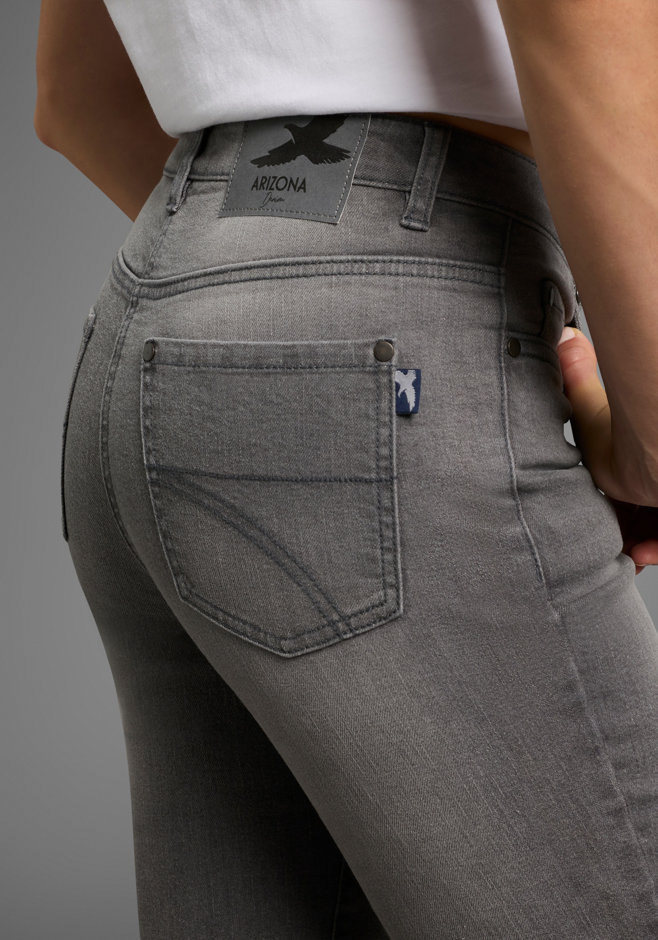 Bootcut-Jeans ARIZONA, Damen, Gr. 18, K + L Gr, grau (dk grau used), Denim/Jeans, Obermaterial: 98% Baumwolle, 2% Elasthan, Basic, comfort fit lang, Jeans, hohe Leibhöhe 2