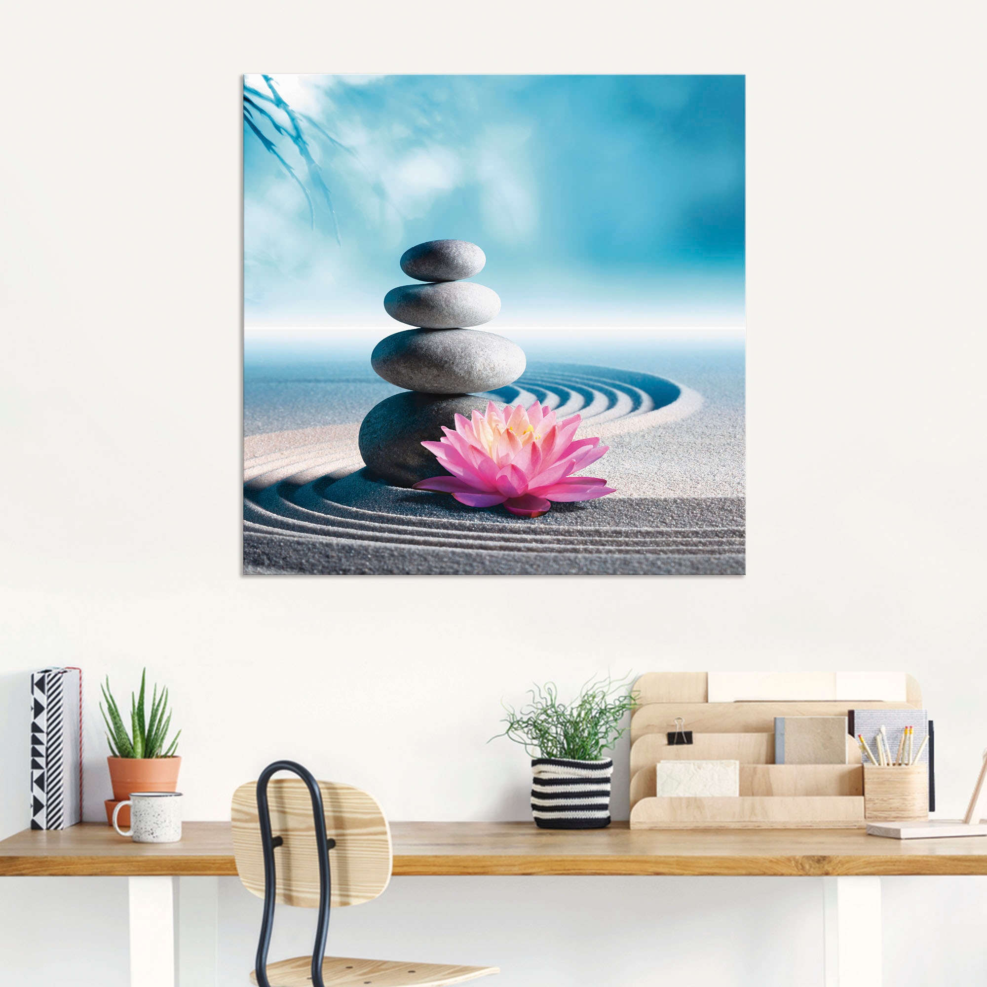 Artland Wandbild »Sand, Lilie und Spa-Steine in Zen-Garten«, Zen, (1 St.), als Alubild, Outdoorbild, Leinwandbild, Poster in verschied. Größen