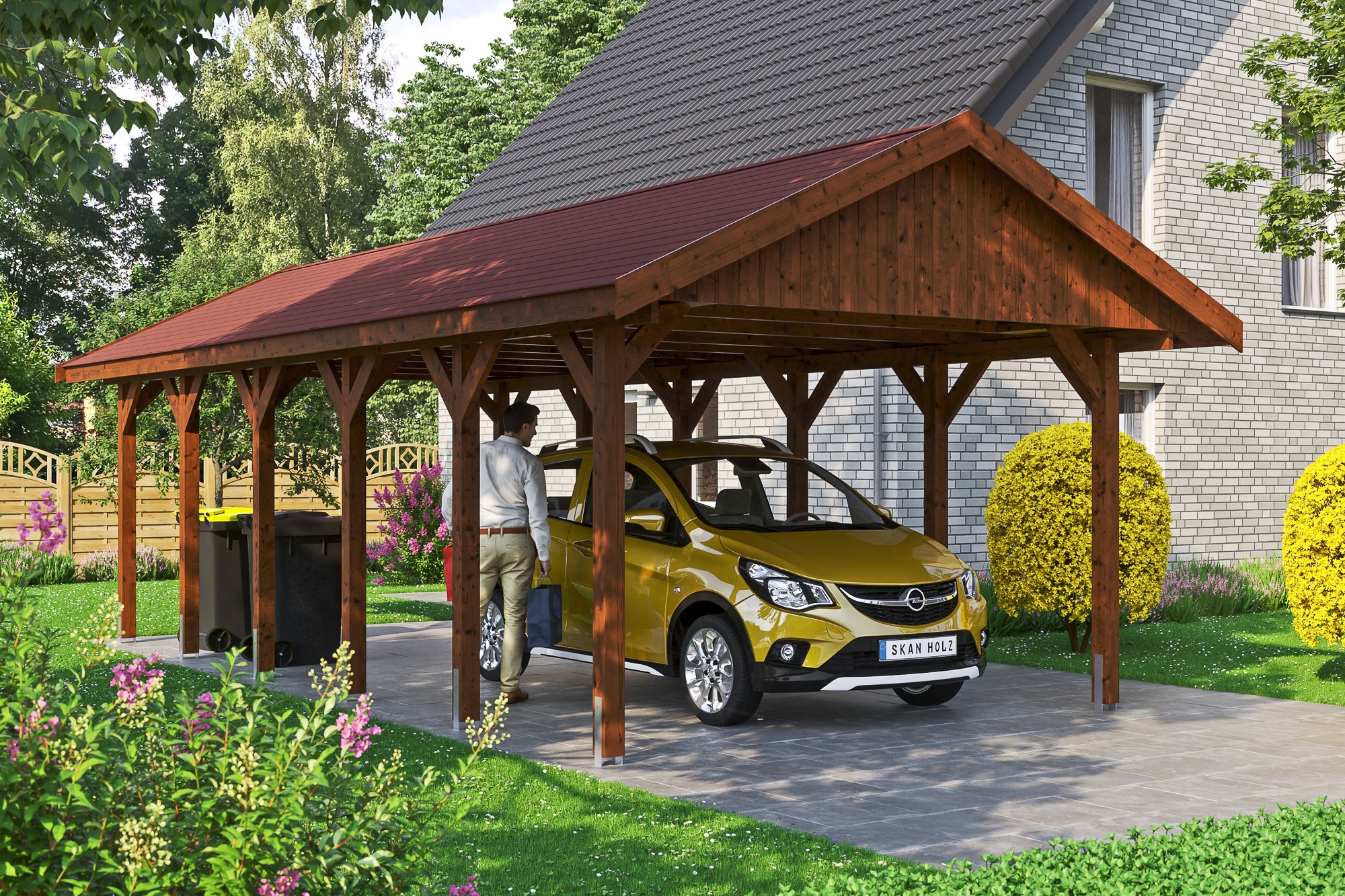 Skanholz Einzelcarport »Wallgau«, Nadelholz, 340 cm, Nussbaum, mit roten Dachschindeln