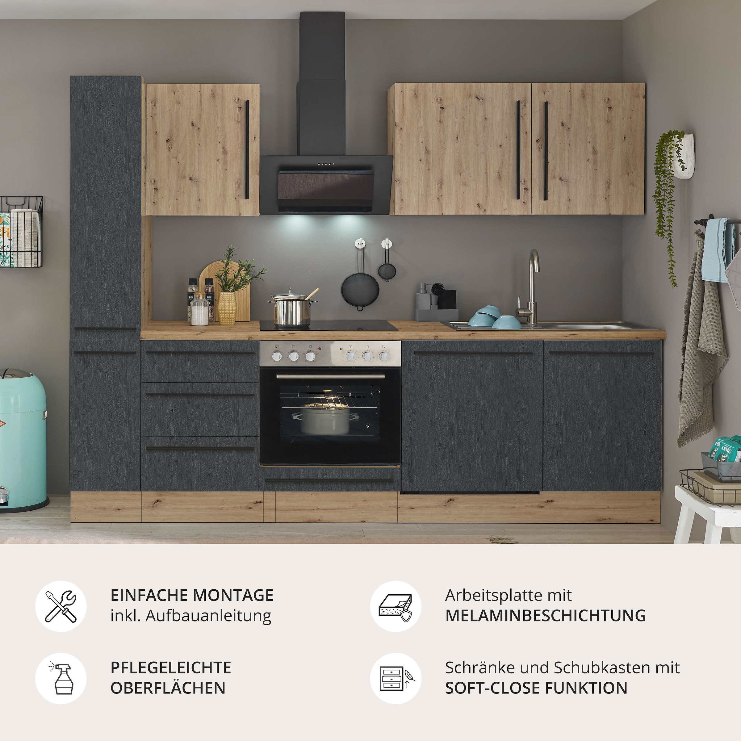 KOCHSTATION Küchenzeile »Florida« Breite 250 cm, wahlweise mit E-Geräten,Softclose für Türen/Schubkästen