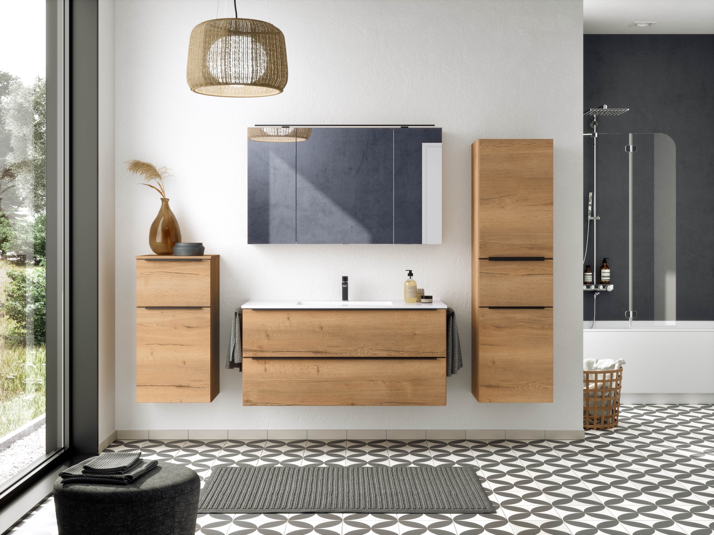 nobilia® Badmöbel-Set »Levere«, (2 St., vormontiert, mit Soft-Close), inkl. Spiegelschrank mit Beleuchtung und Dimmerfunktion, in 4 Breiten