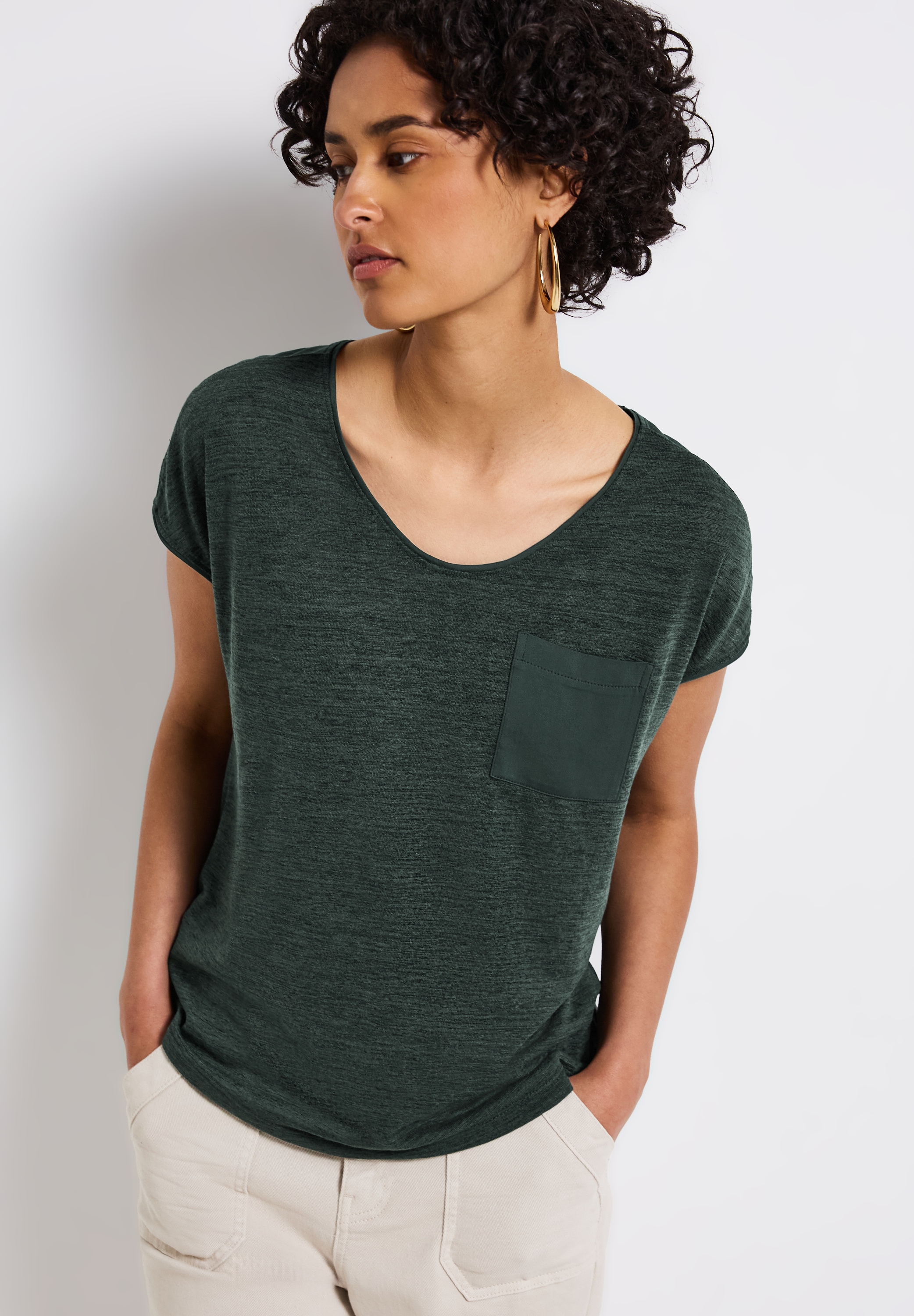 STREET ONE T-Shirt, im Leinen-Look und mit Brusttasche+ö