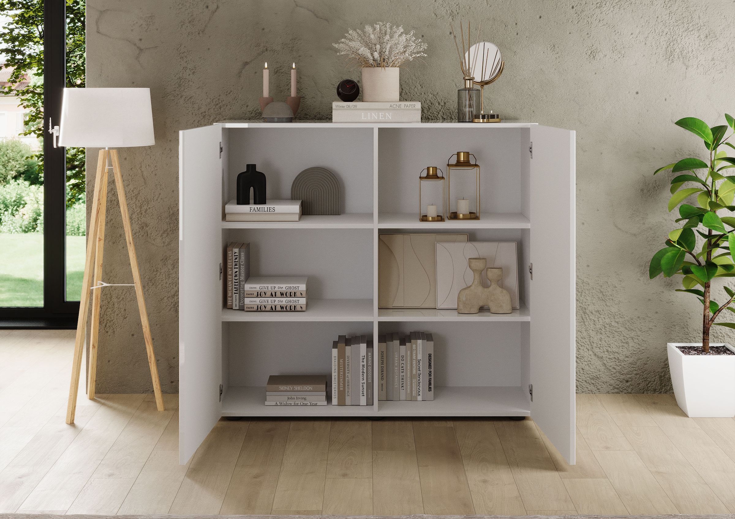 INOSIGN Highboard »Rio Höhe 111 cm u. Breite 120 cm, Kommode mit 2 Türen,«, geriffelte Front, modern u. elegant, viel Stauraum