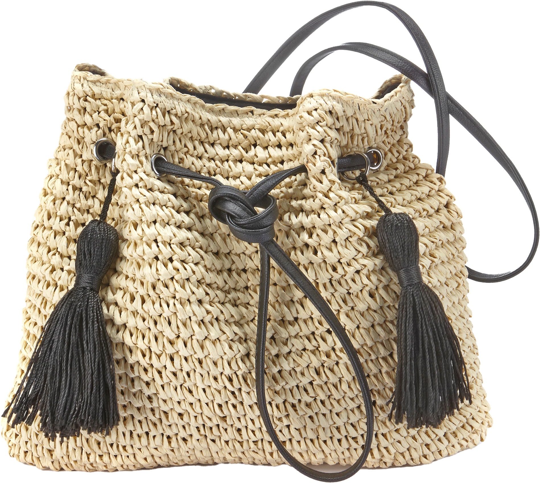 LASCANA Umhängetasche "Strandtasche, Schultertasche, Sommertasche, Damentasche" Handtasche Damen zum Umhängen, mit modischen Bommeln VEGAN