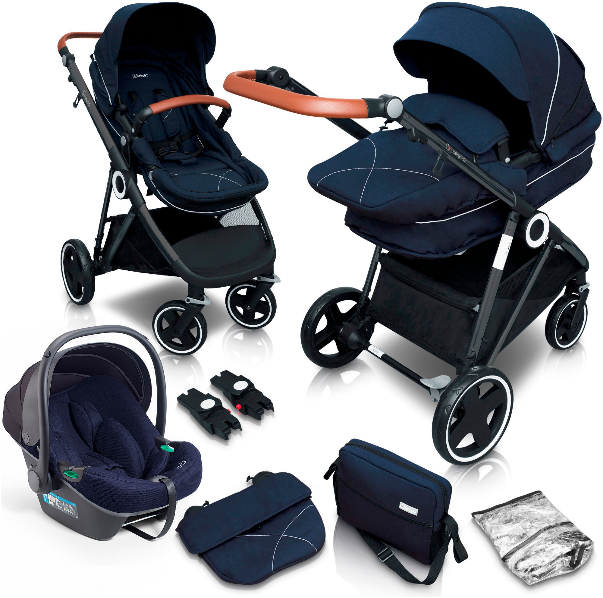 BabyGo Kombi-Kinderwagen »Halime 3in1«, inklusive Babywanne, Babyschale, Regenhaube & Wickeltasche