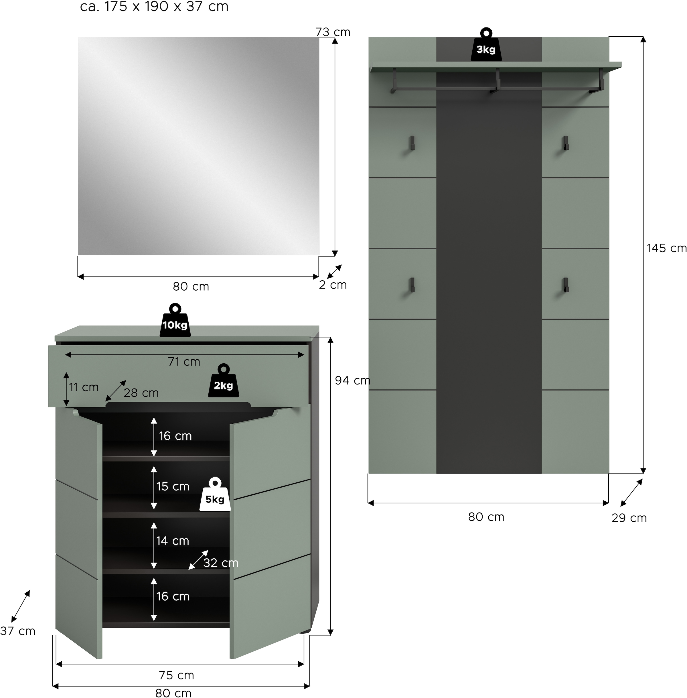 INOSIGN Garderoben-Set, (Set, 3 St., bestehend aus: Kommode, Spiegel und Garderobenpaneel), Garderobenkombination, Kombination, Set, Flurgarderobe, Diele