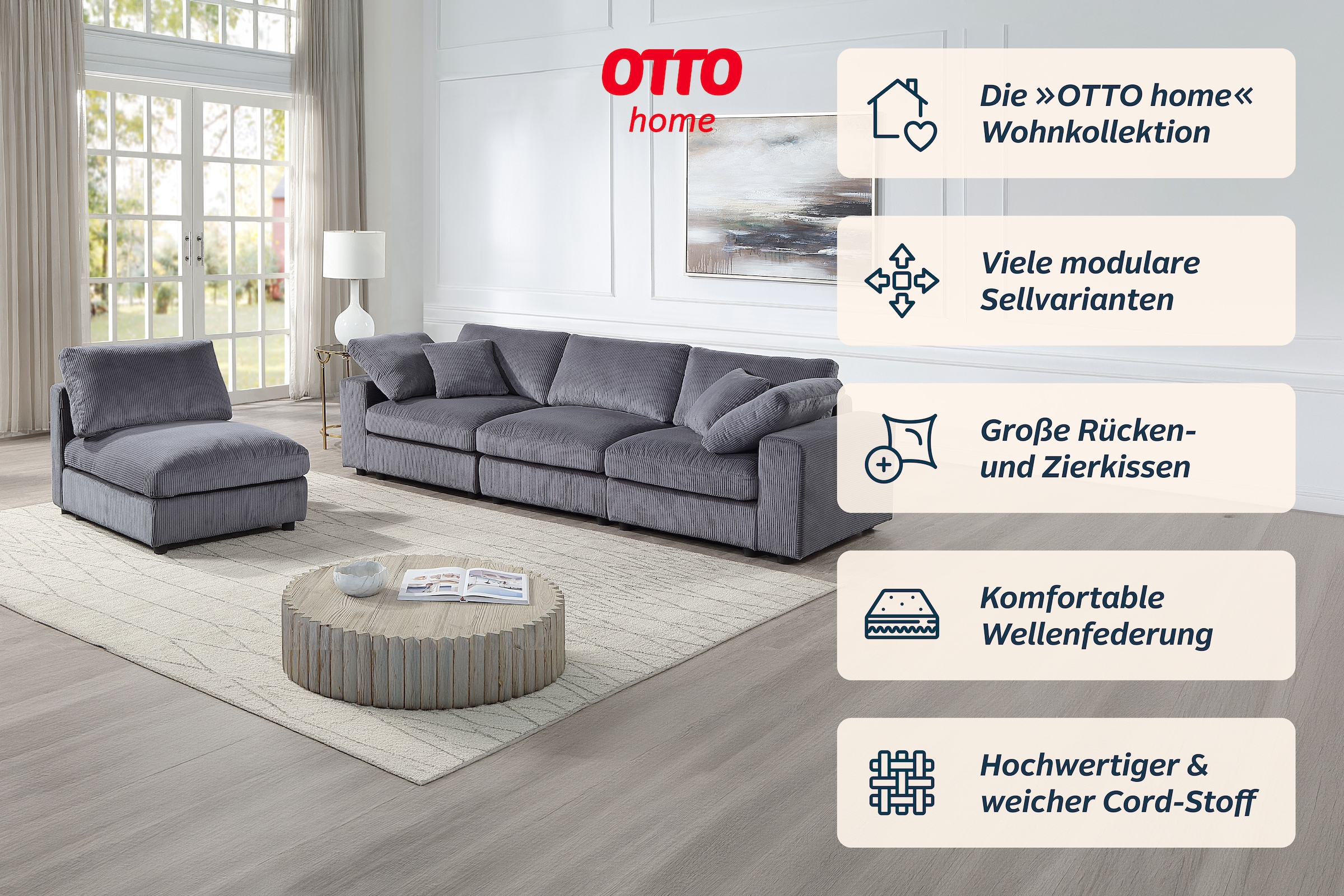 OTTO home 4-Sitzer »Berny, individuell stellbar, modular-Sofa« inklusive 2 großen & 2 kleinen Zierkissen im flauschigen Cord