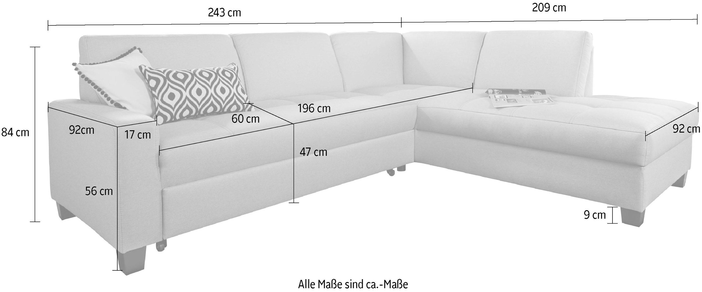 DOMO collection Ecksofa »Florentina zeitlos und elegant, Sitznähte als Designelement, L-Form«, wahlweise mit Bettfunktion, mit Kontrastnaht, Komfortsitzhöhe 47cm