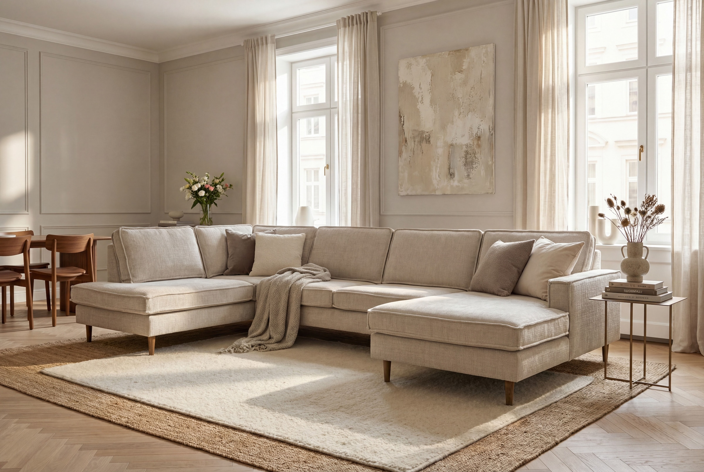 OTTO home Wohnlandschaft "Pinto Skandi, 350 cm, U-Form, XXL, mit Ottomanen" mit Keder, Massivholzfüße Eiche geräuchert, Wellenunterfederung