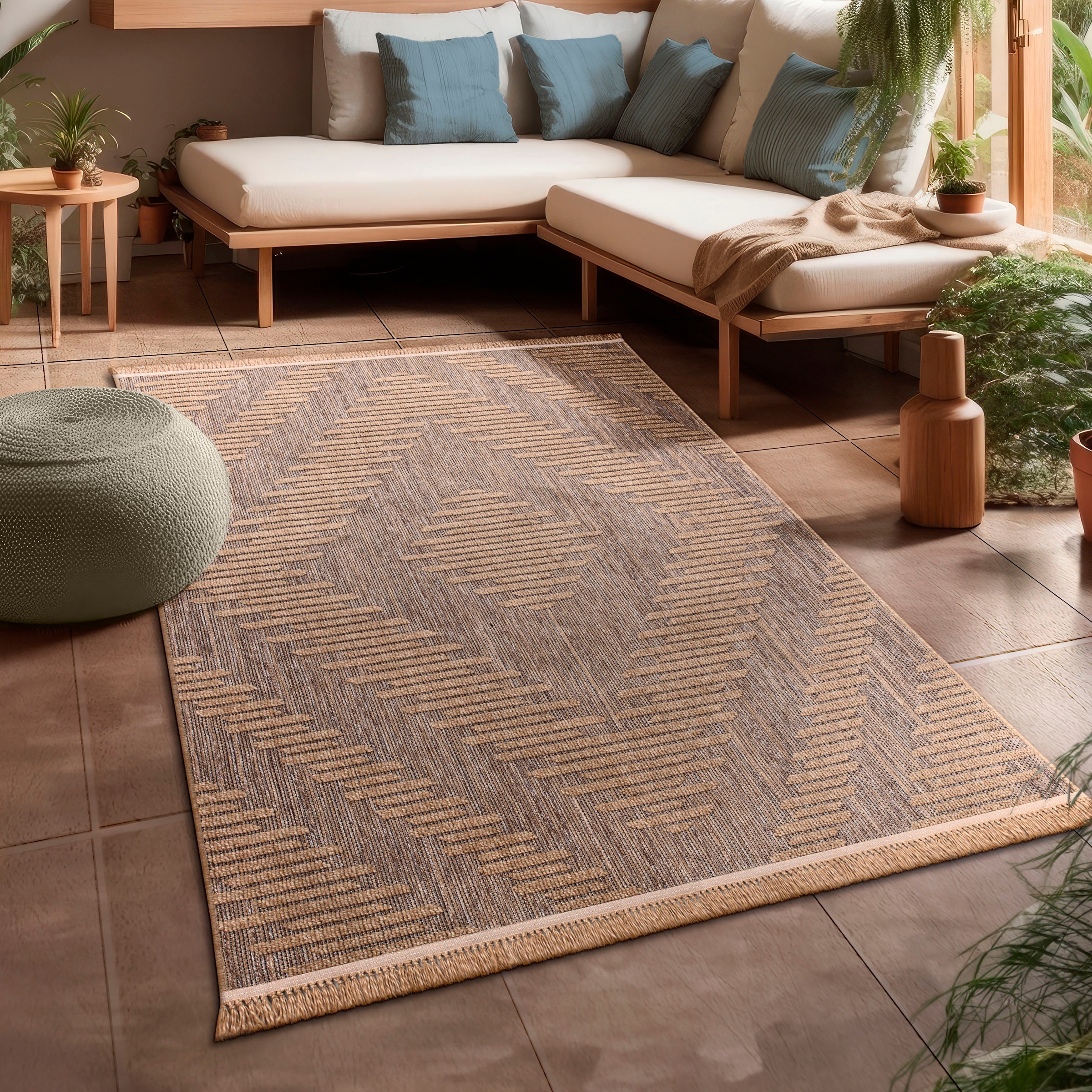Teppich PACO HOME "Cologne 494", beige, B:160cm H:11mm L:220cm, Polypropylen (PP), Teppiche, Teppich, Flachgewebe, meliert, Rauten Motiv,, mit Fransen, Outdoor geeignet