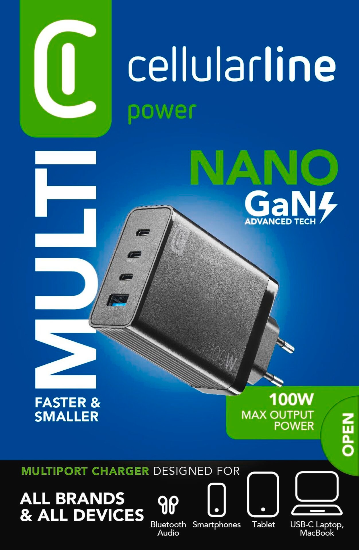 Cellularline USB-Ladegerät »Multipower Nano 100W Reiselader 4 Port GaN«, Apple iPhone, iPad, MacBook, Samsung Galaxy Tab, S23 S24, Google Pixel
