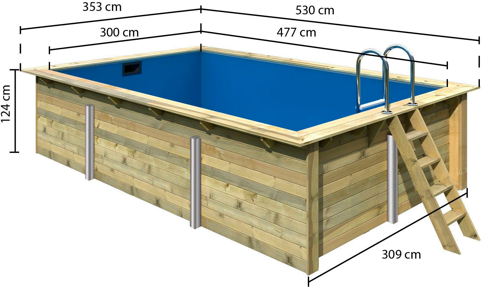 Karibu Rechteckpool »Malta BxLxH: 530x353x124cm«, (Komplett-Set, 9 tlg.), 44 mm starke kesseldruckimprägnierte Holzbohlen aus Fichtenholz