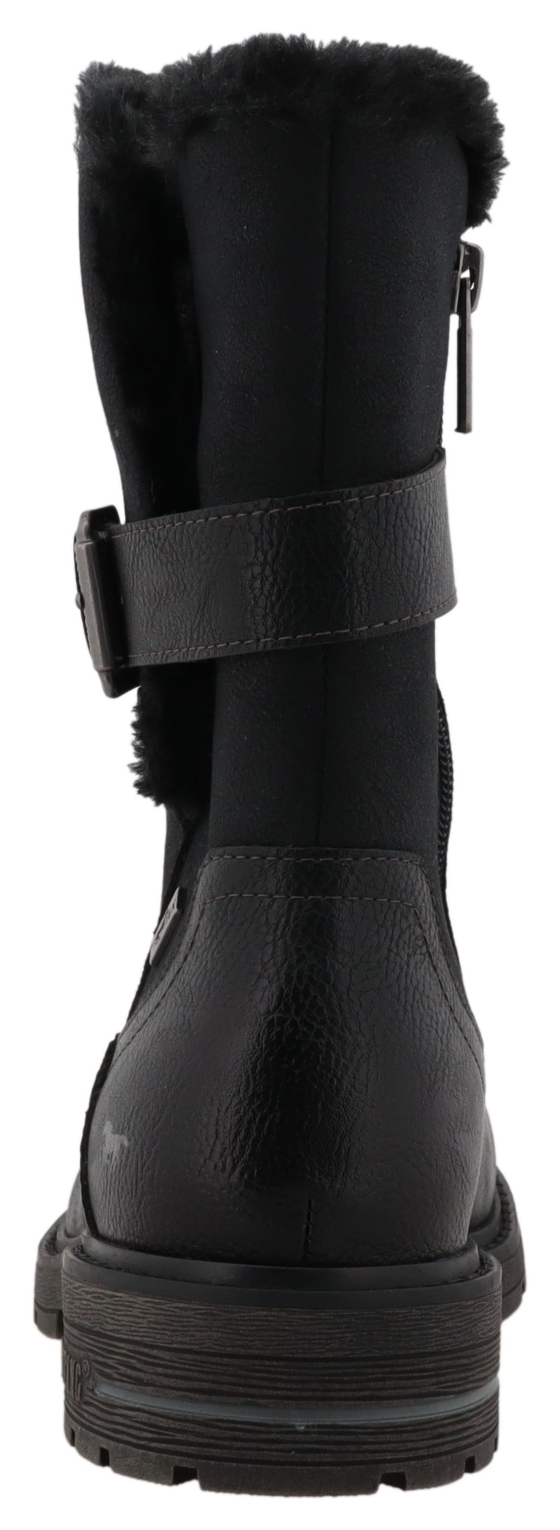 Mustang Shoes Winterstiefel »Bienke«, Biker Boots mit Blockabsatz und Zierriemchen